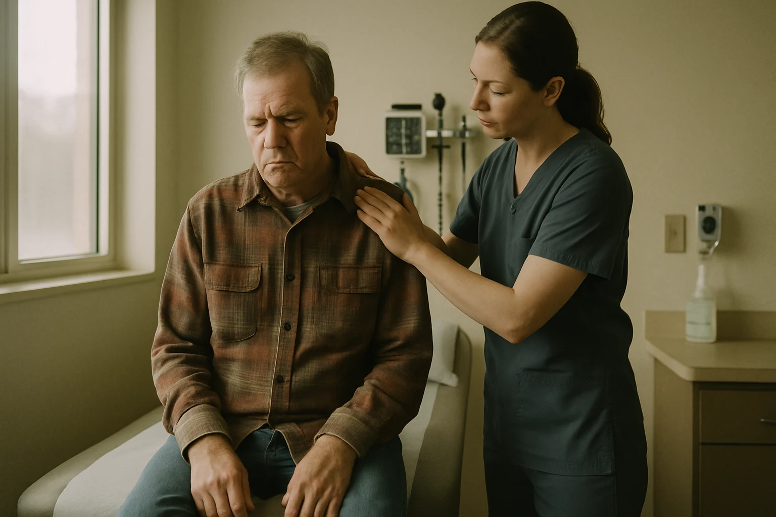 A man in his fifties seated in a Fort Wayne urgent care exam room while a nurse checks his neck range of motion
