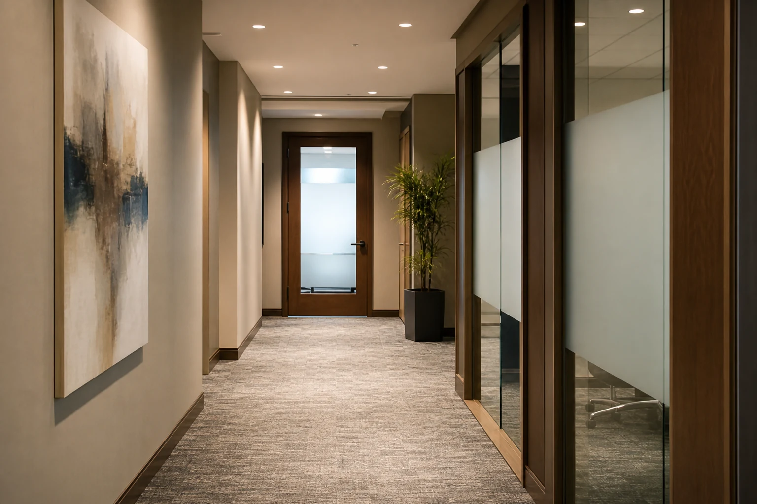 Quiet law office corridor outside a mediation conference room