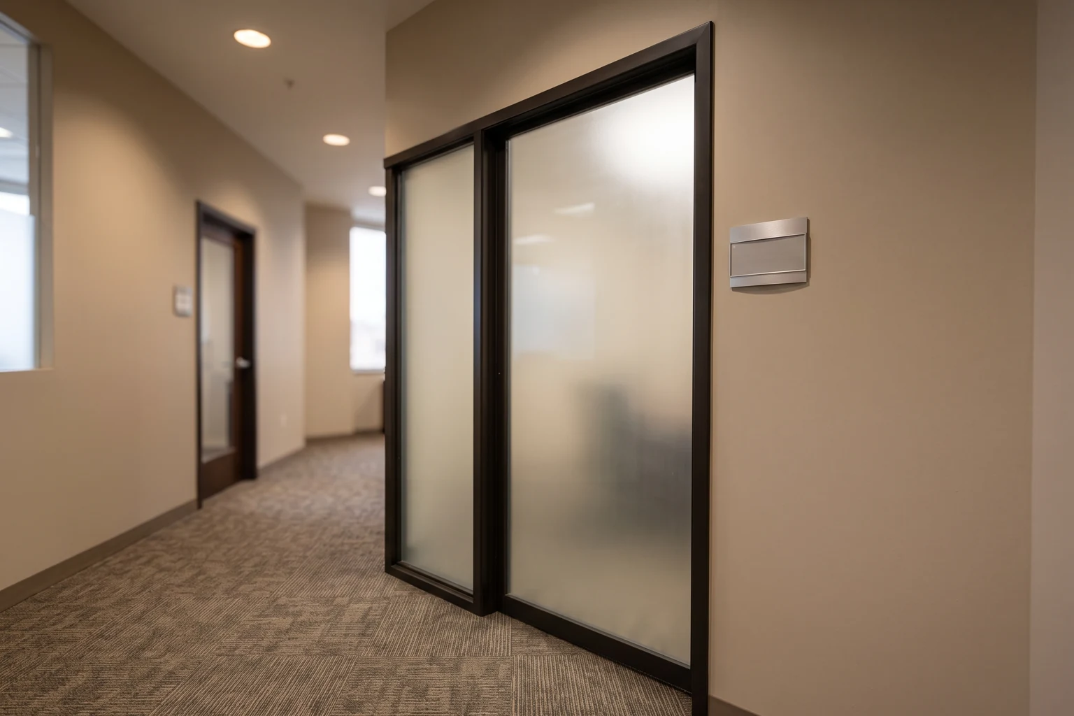 Frosted glass mediation room door in a professional Indiana law office