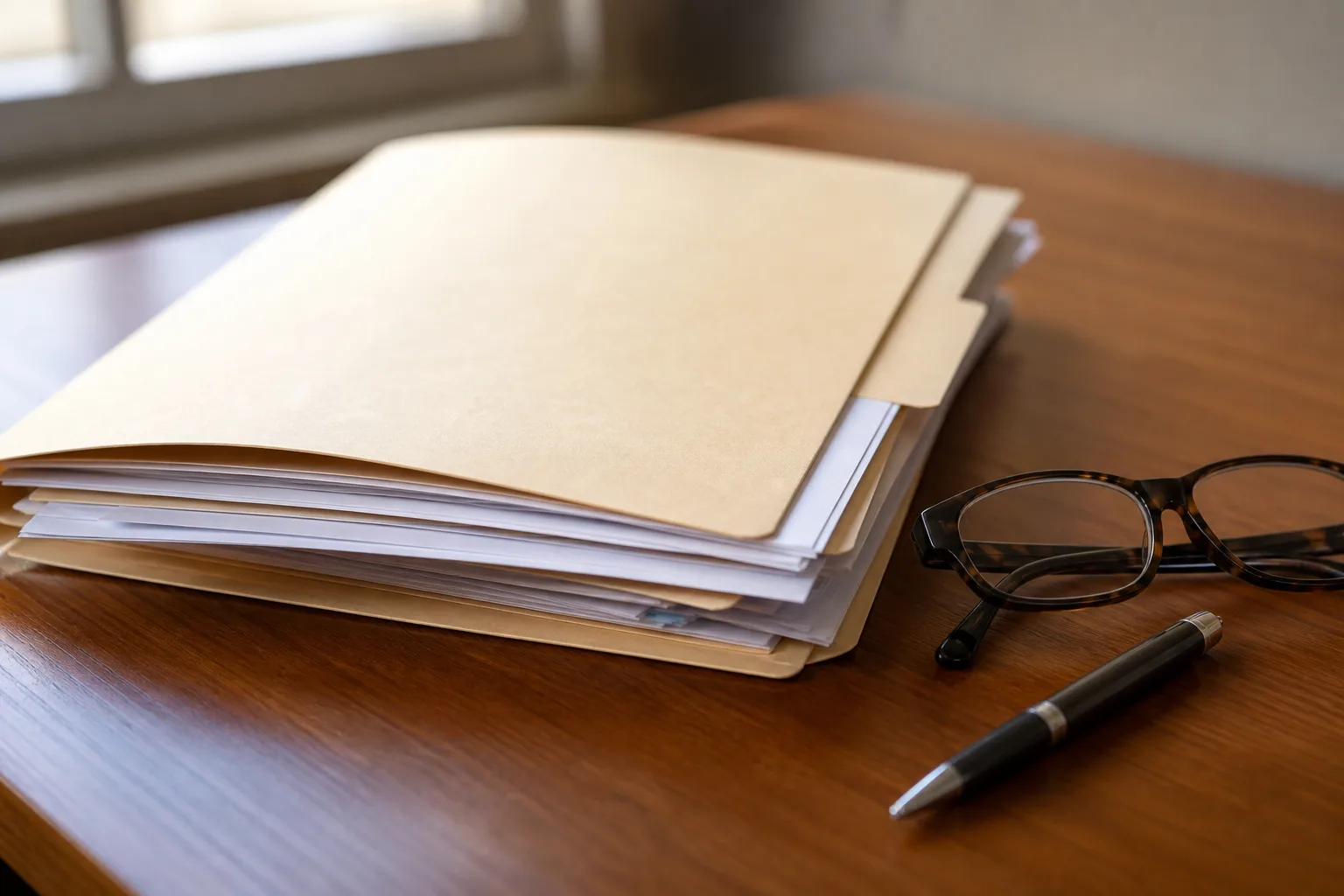 A folder of workers' compensation claim documents on a desk with reading glasses and a pen