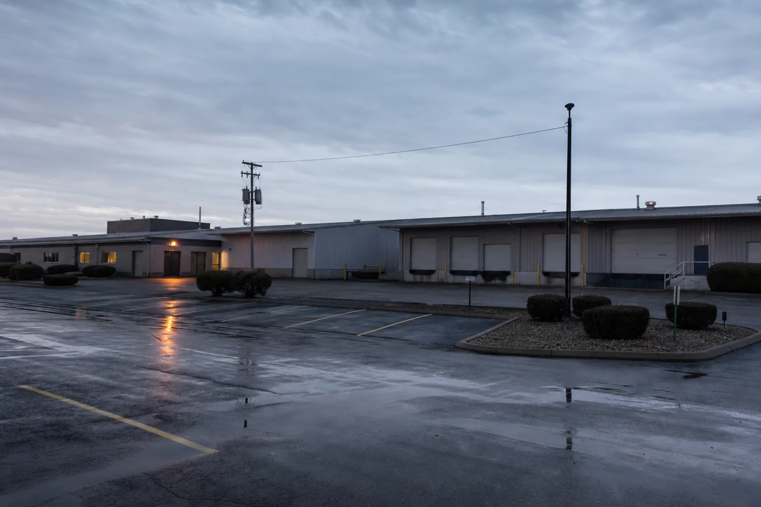 Exterior of a northeast Indiana manufacturing and warehouse facility at dawn