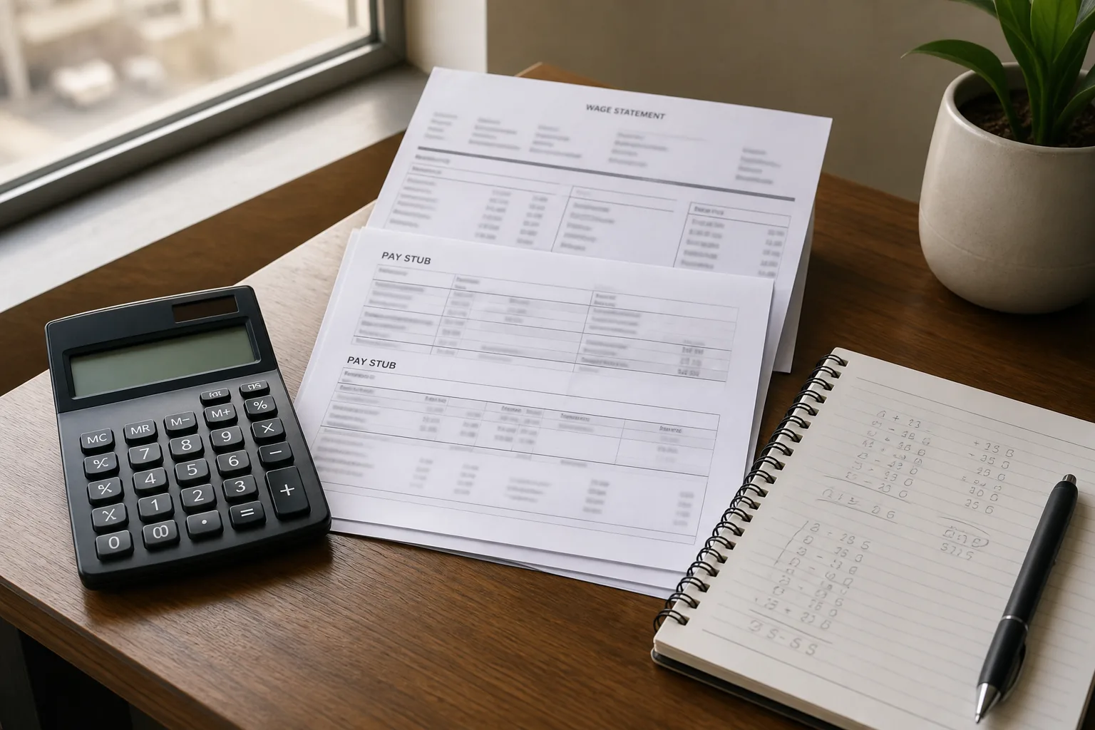 A calculator, pay stubs, and a notebook used to calculate average weekly wage