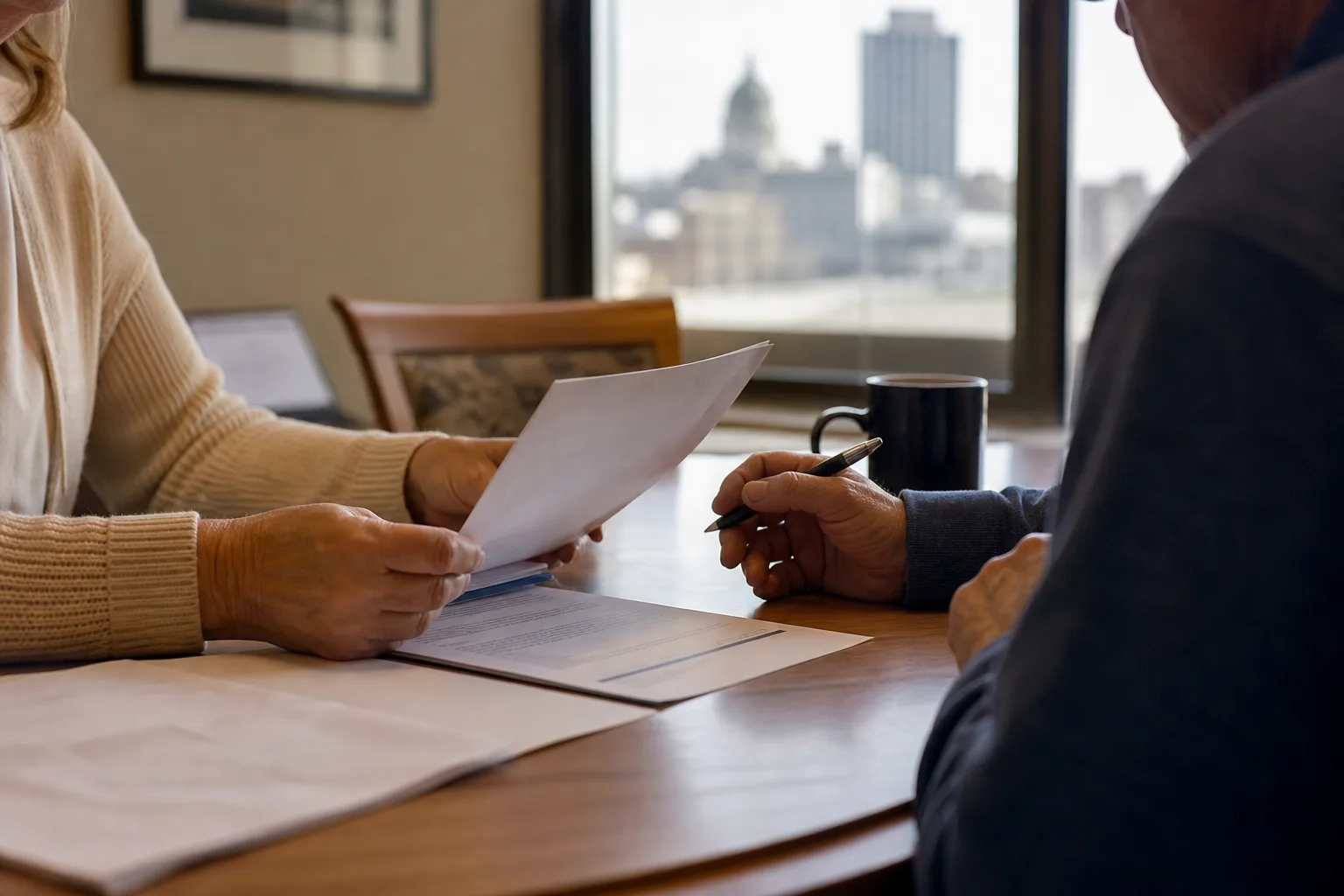 Two family members reviewing documents together at a table in a Fort Wayne office
