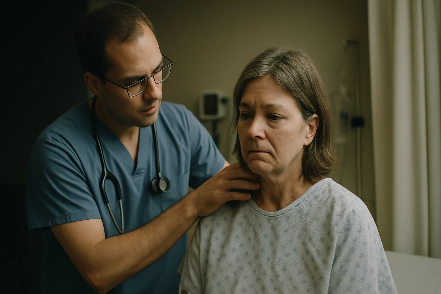 A Fort Wayne emergency room physician examining a patient's neck after a rear-end collision
