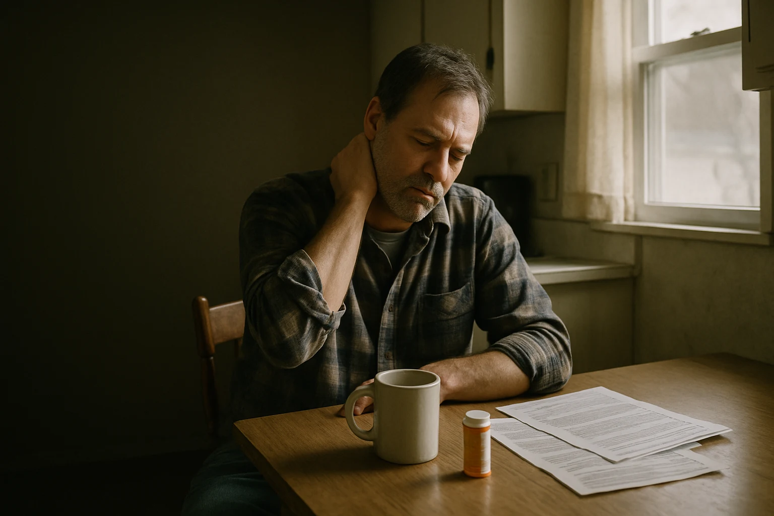 A man sitting at a Fort Wayne kitchen table holding the back of his neck two days after a car accident