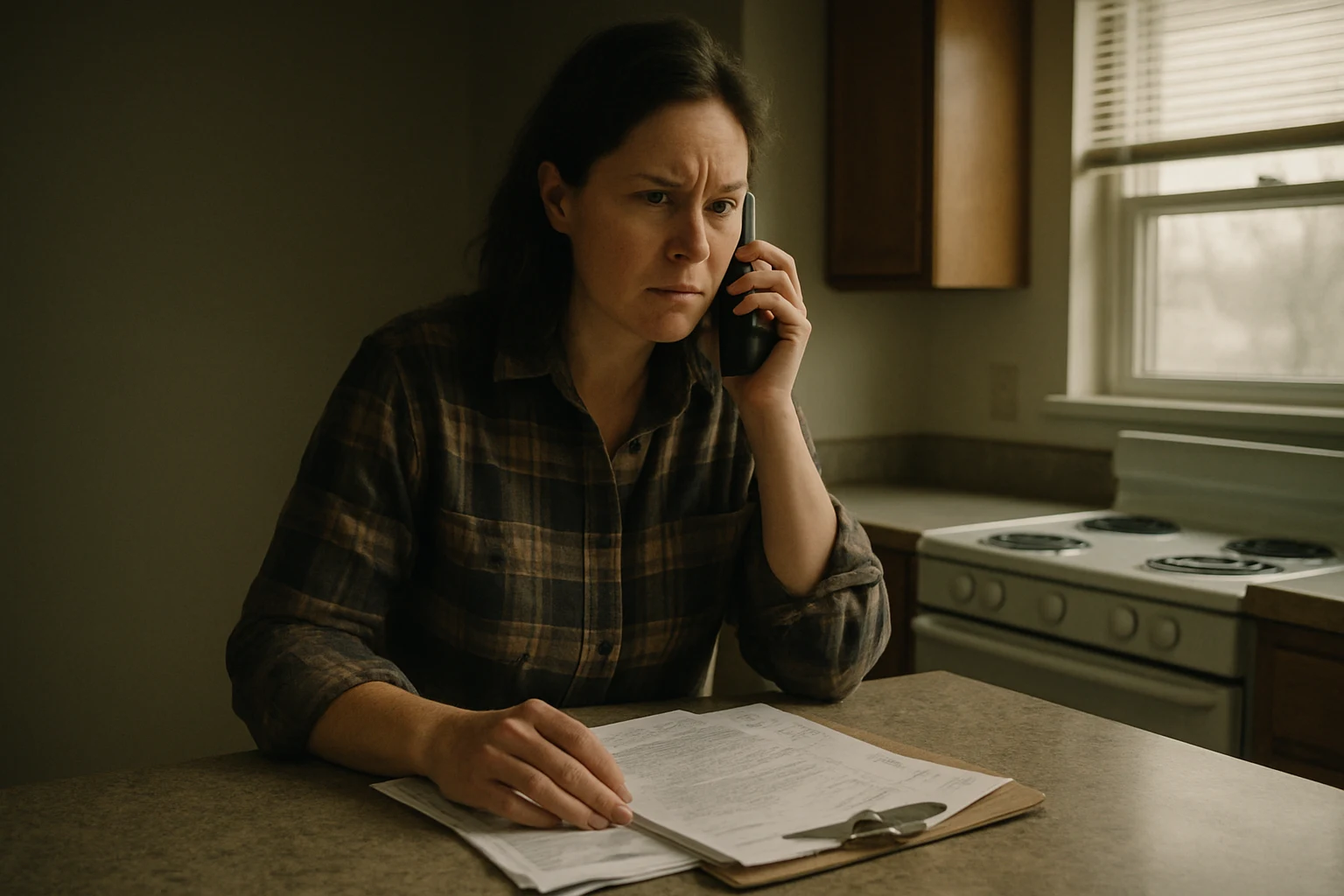 A woman in a flannel shirt taking a call from an insurance adjuster at her kitchen counter