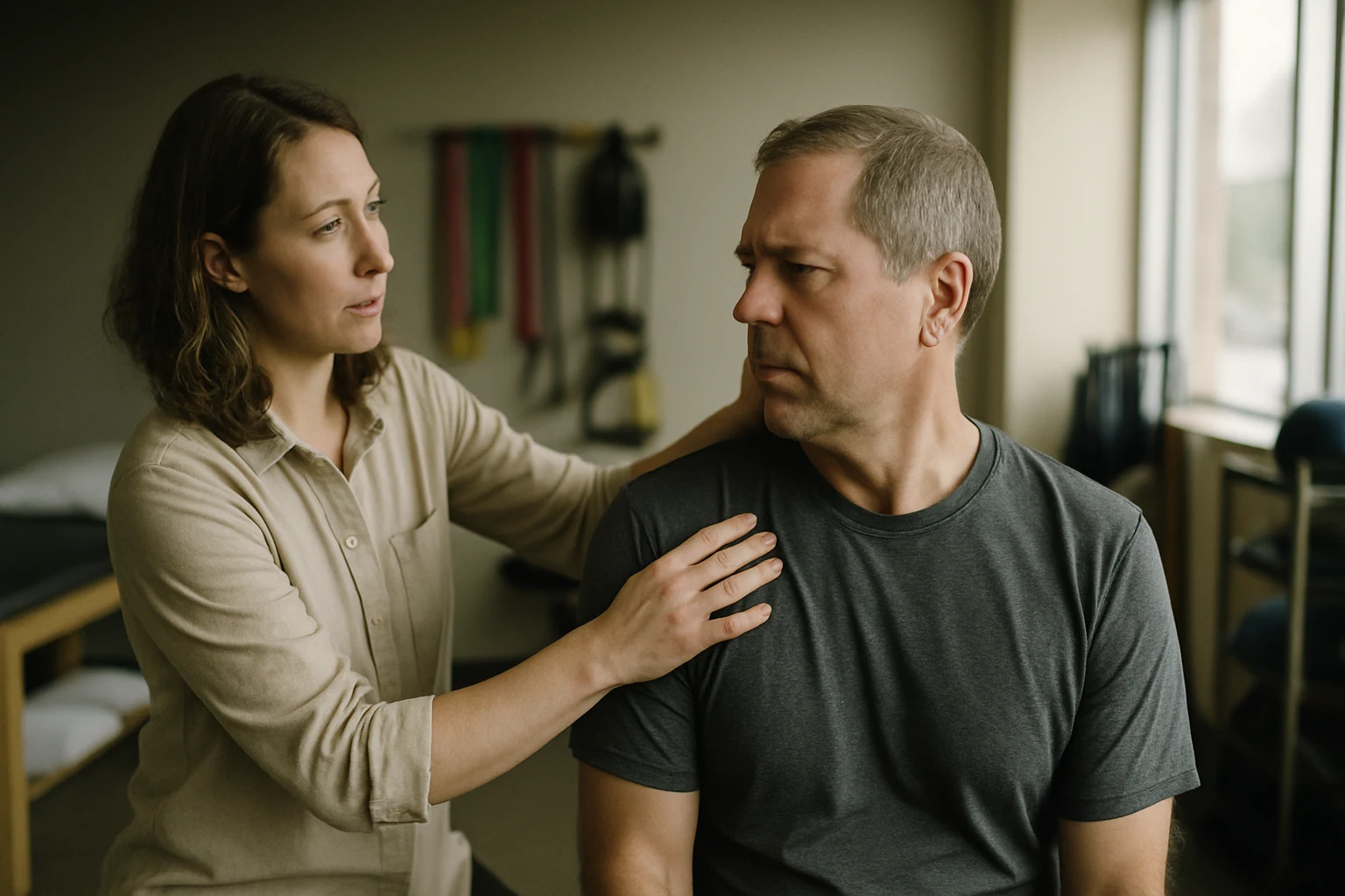 Physical therapist guiding a patient through cervical range of motion exercises at a Fort Wayne clinic