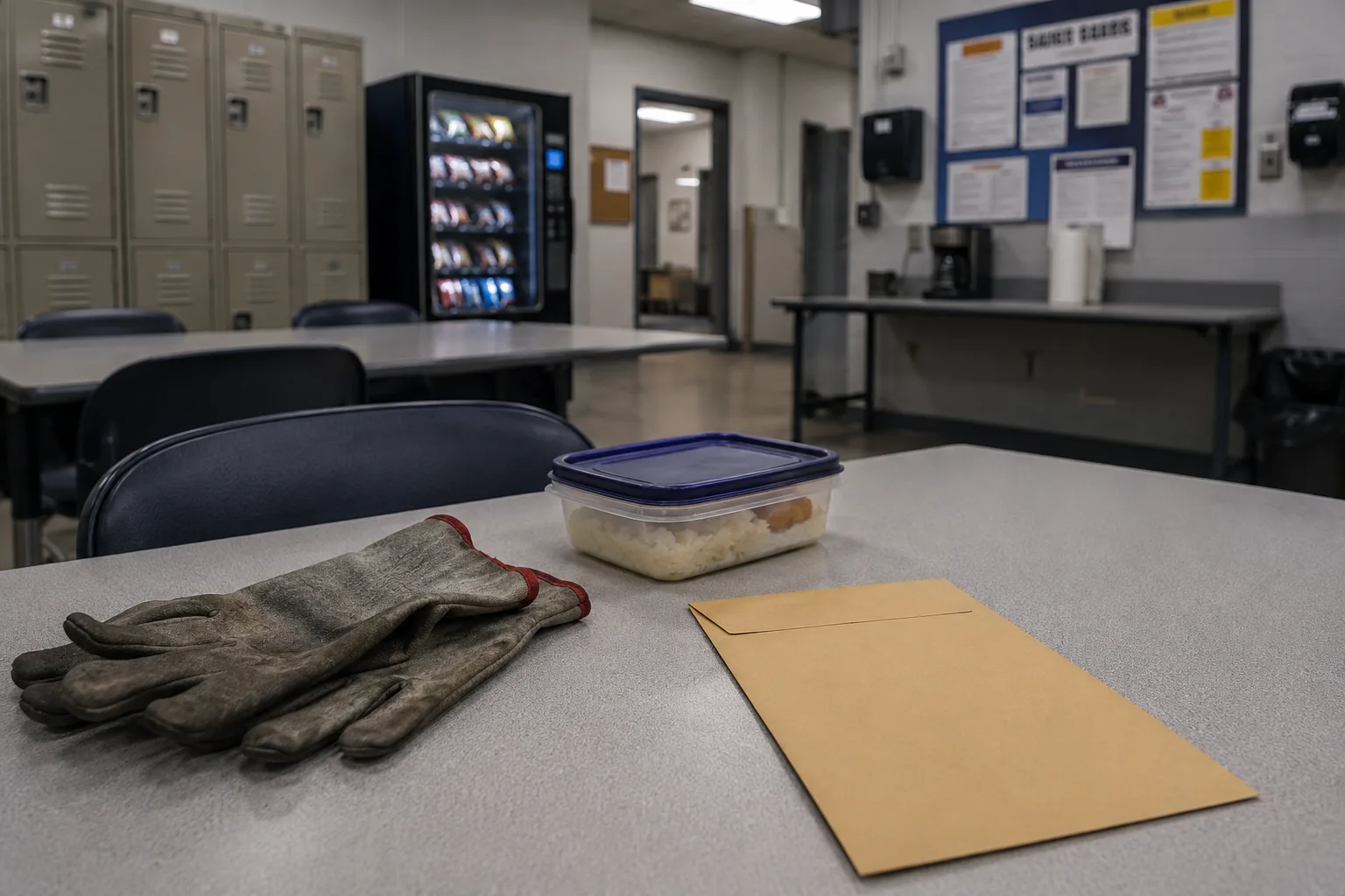Work-status paperwork beside safety gloves in an Indiana workplace break room