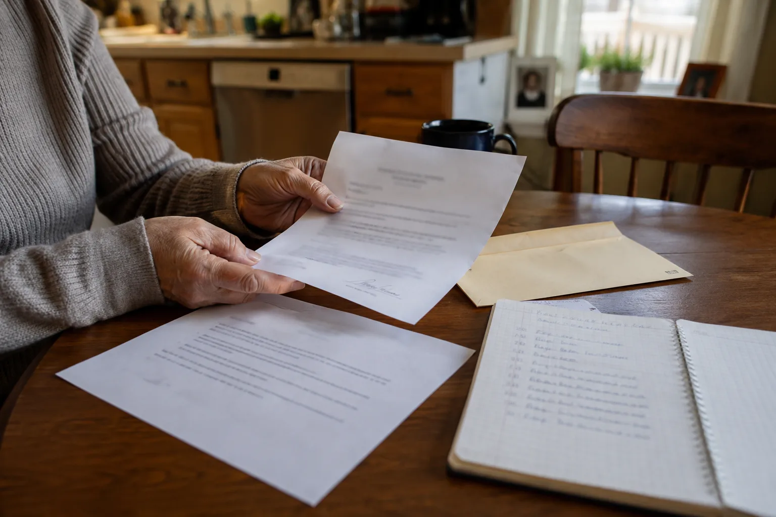 Worker organizing a medical note, job offer, and termination notice by date