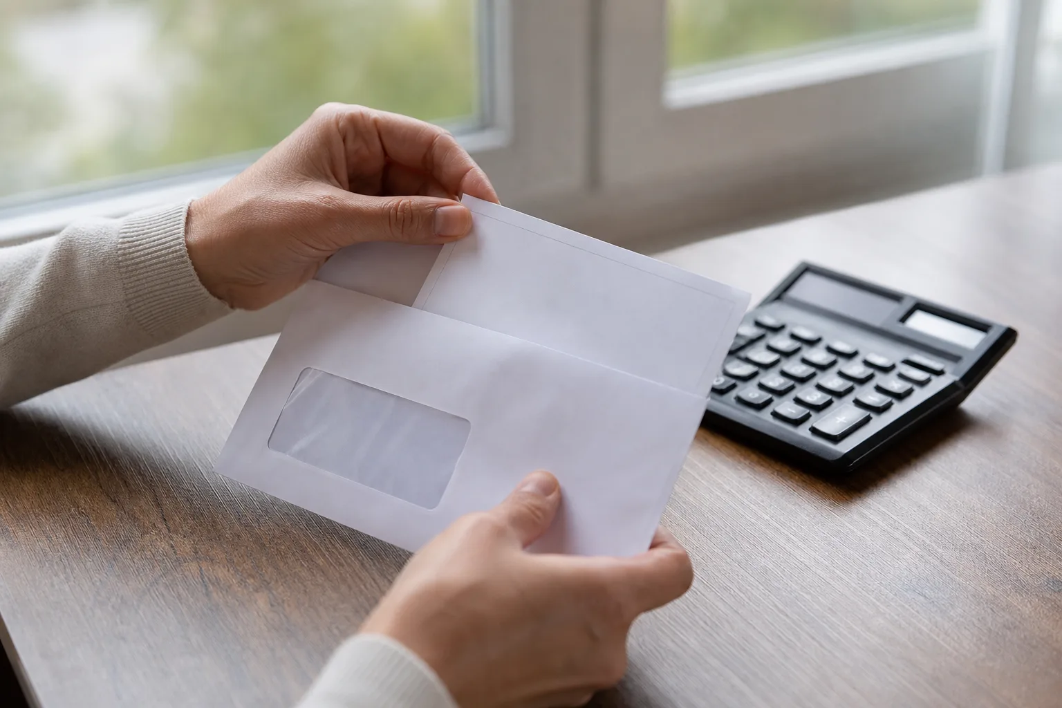 Hands with an envelope and calculator representing the two-thirds average weekly wage benefit rate