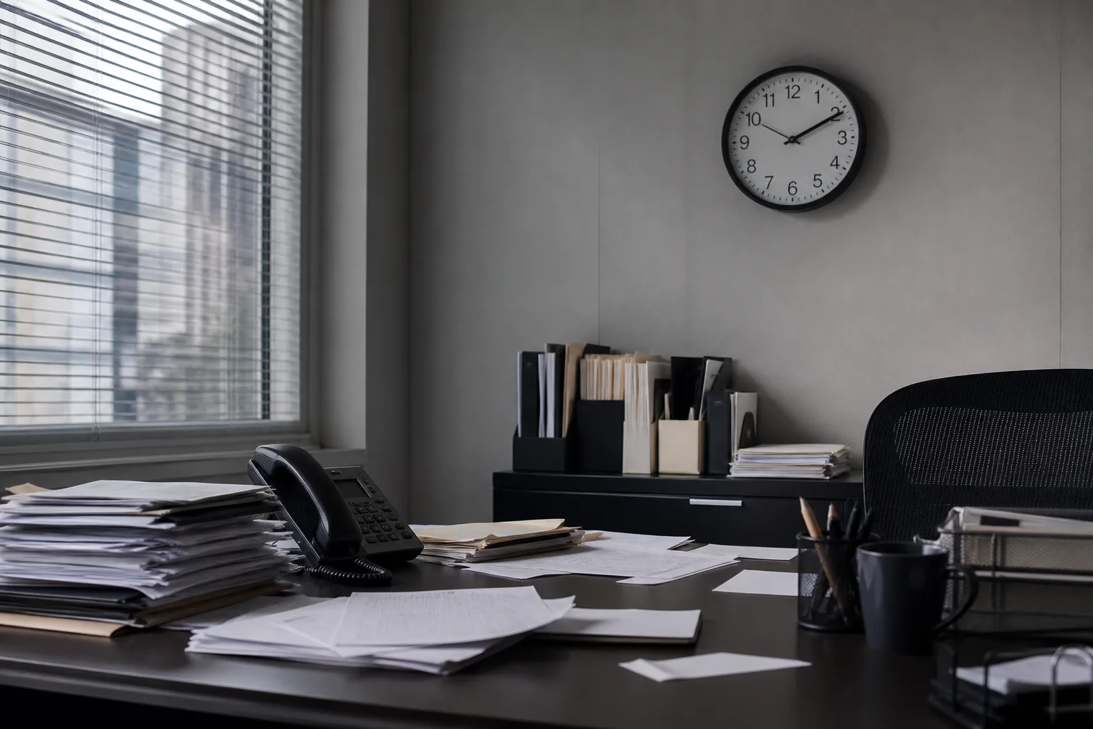Desk with paperwork and a wall clock representing delays in a first workers' comp check