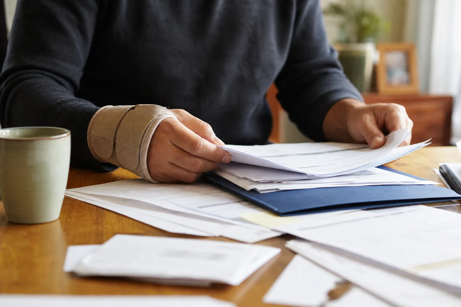 Injured worker organizing medical notes and wage records to keep workers' comp payments on track