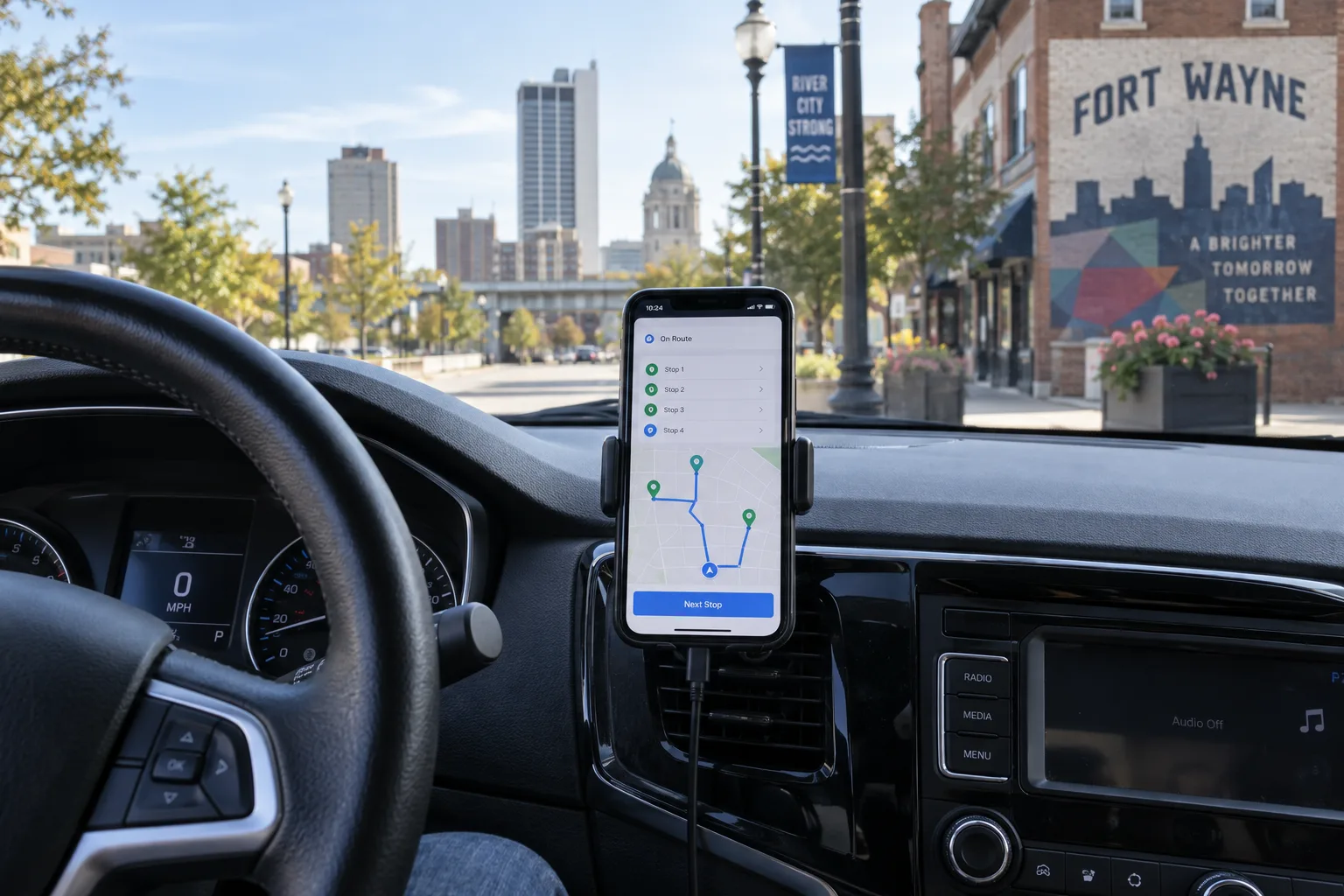 Mounted phone displaying a delivery route inside a parked car