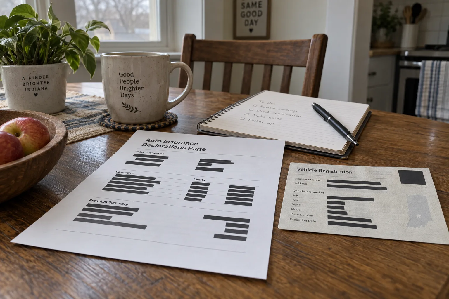 Auto insurance and vehicle documents organized on a table
