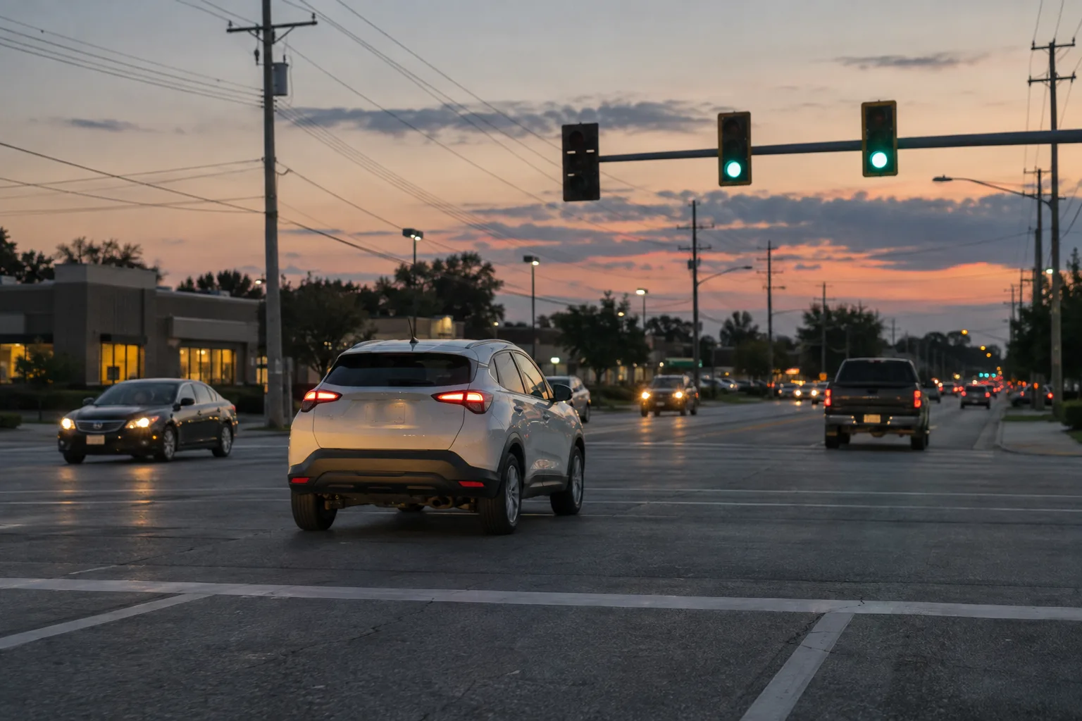 Illustration of a vehicle traveling through an intersection at dusk