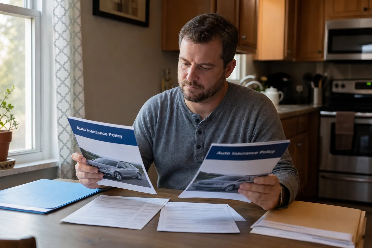 A person compares vehicle-owner and driver insurance documents at a kitchen table.
