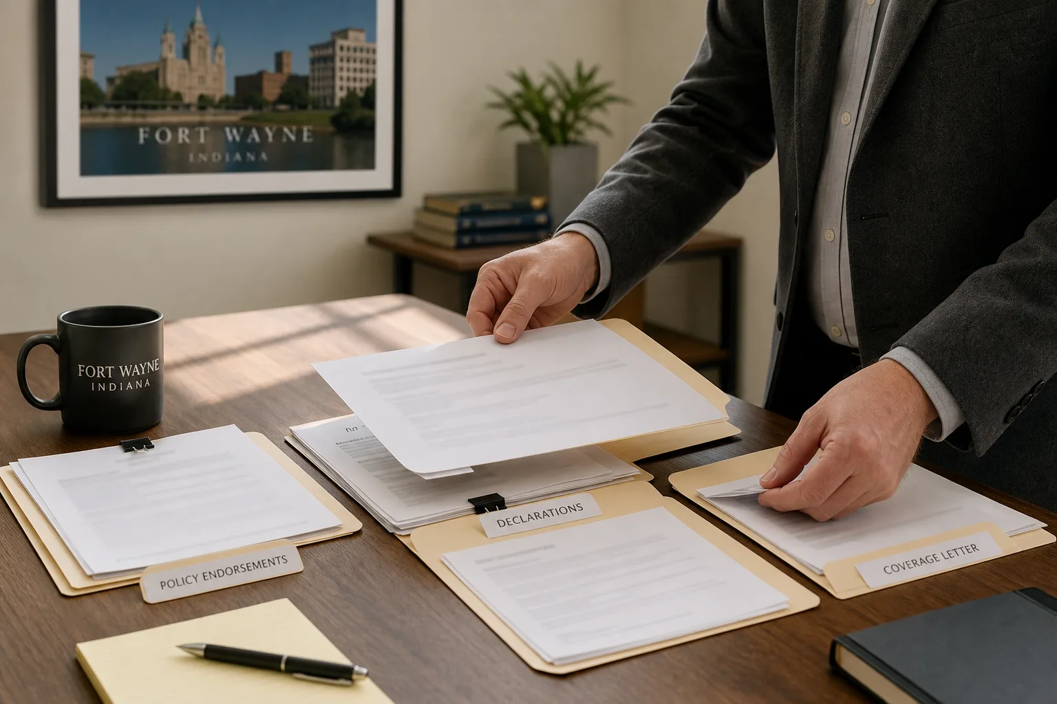 Insurance policies and coverage letters are organized for review after a borrowed-car crash.