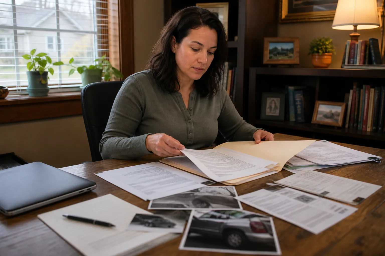 A person assembles records for an Indiana borrowed-car insurance claim.