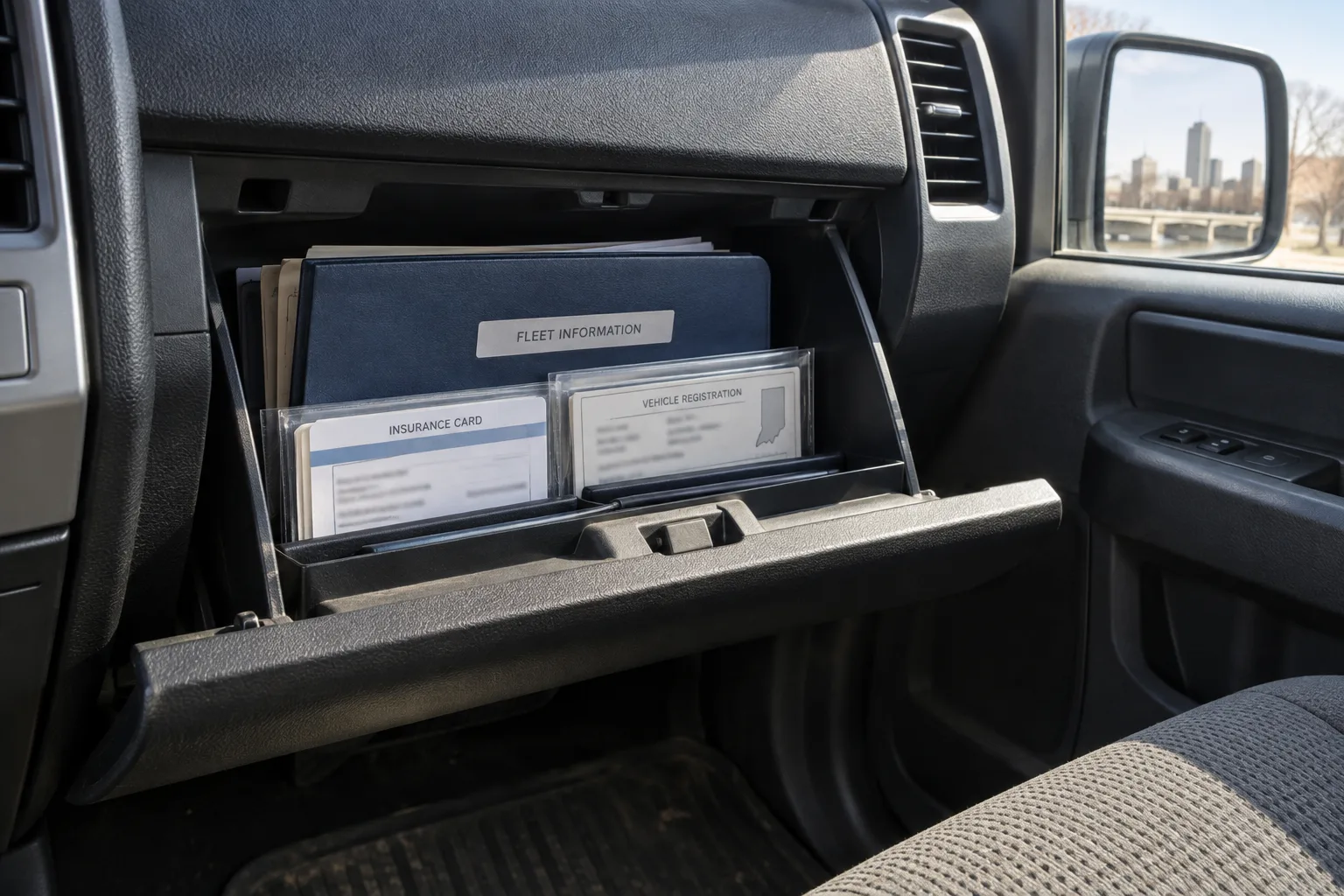 Insurance and registration documents organized inside a company vehicle’s glove compartment.