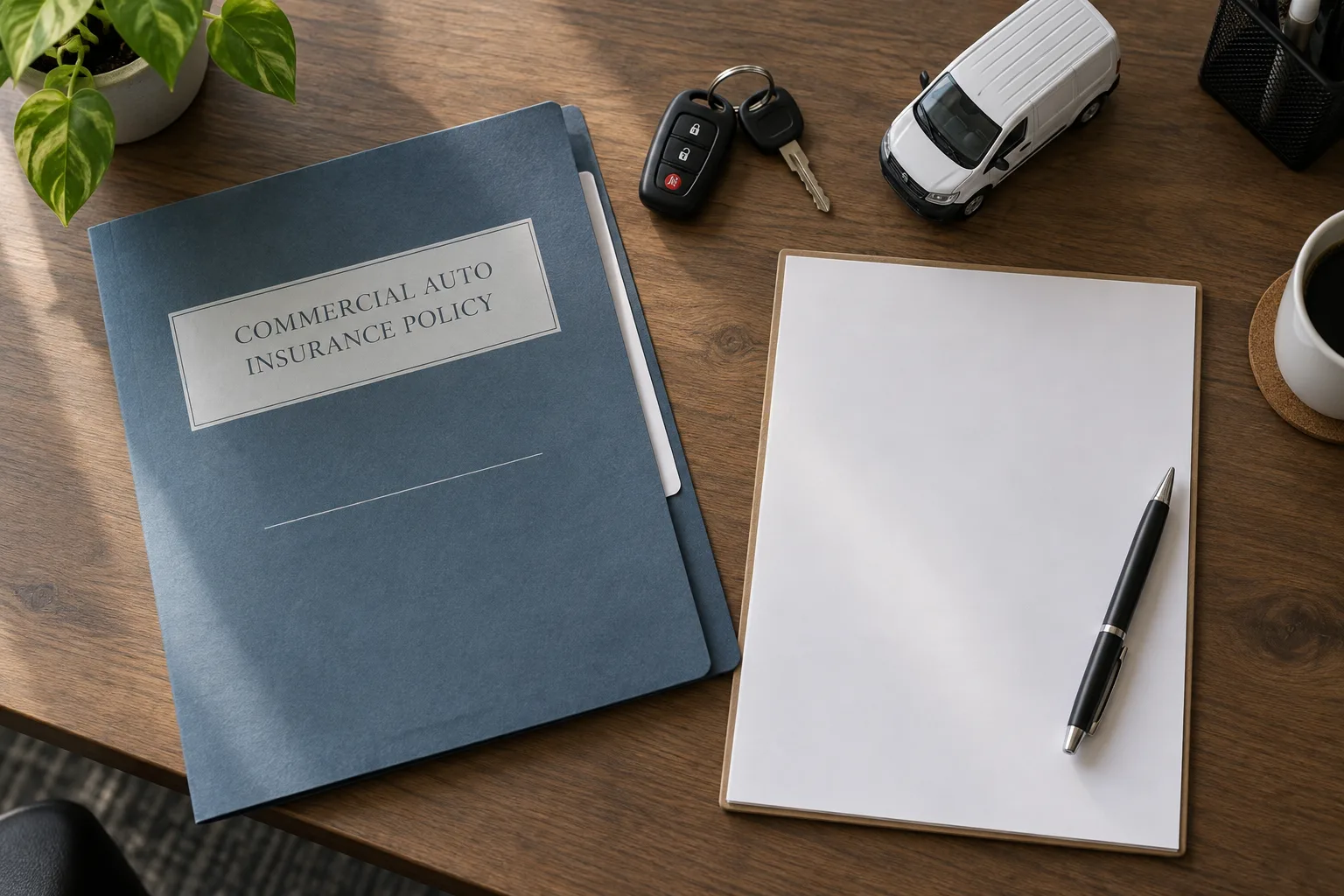 Commercial auto policy folder, company-car keys, and claim notes on an office desk.