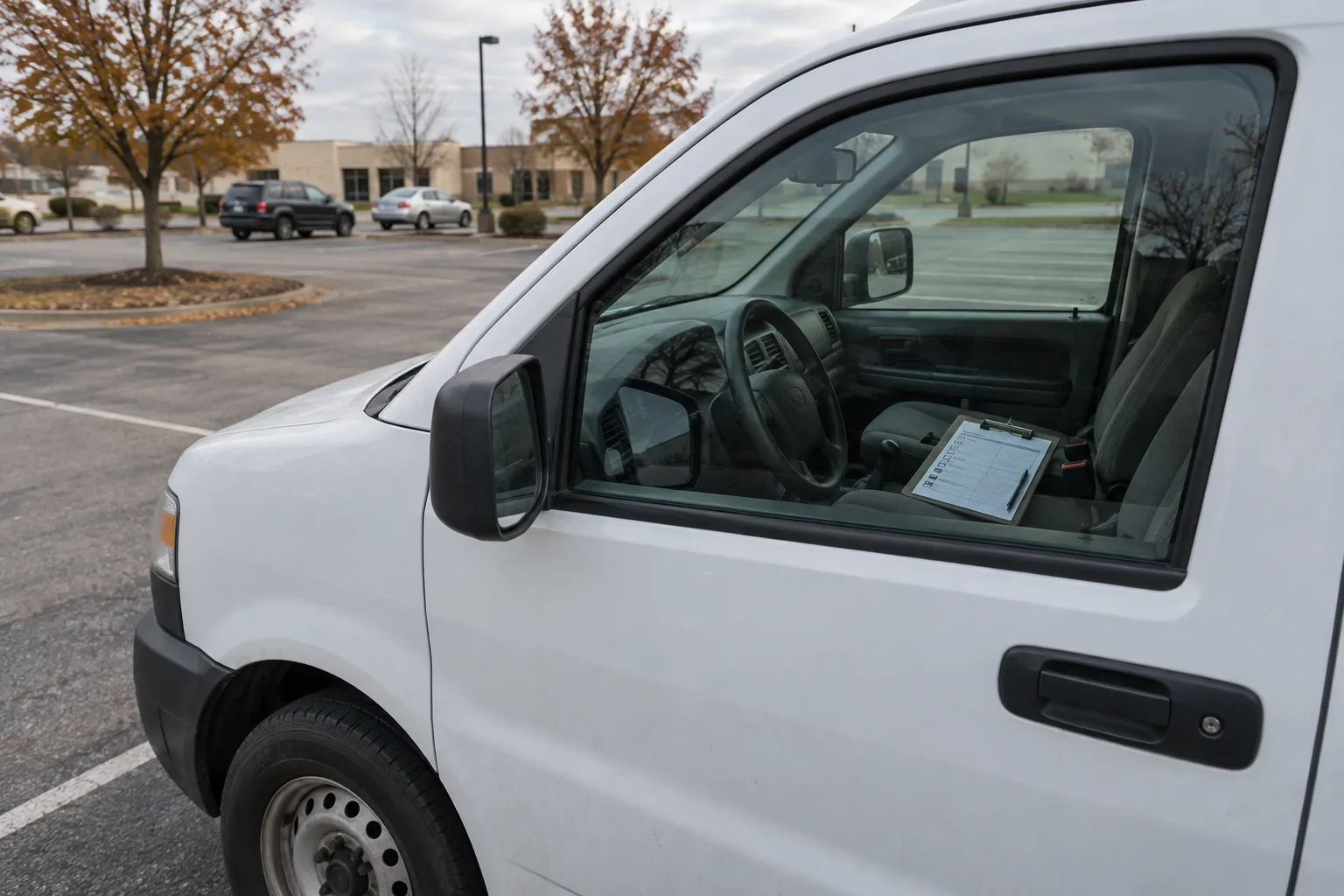 Route paperwork on the seat of an unbranded company van in an Indiana parking lot.