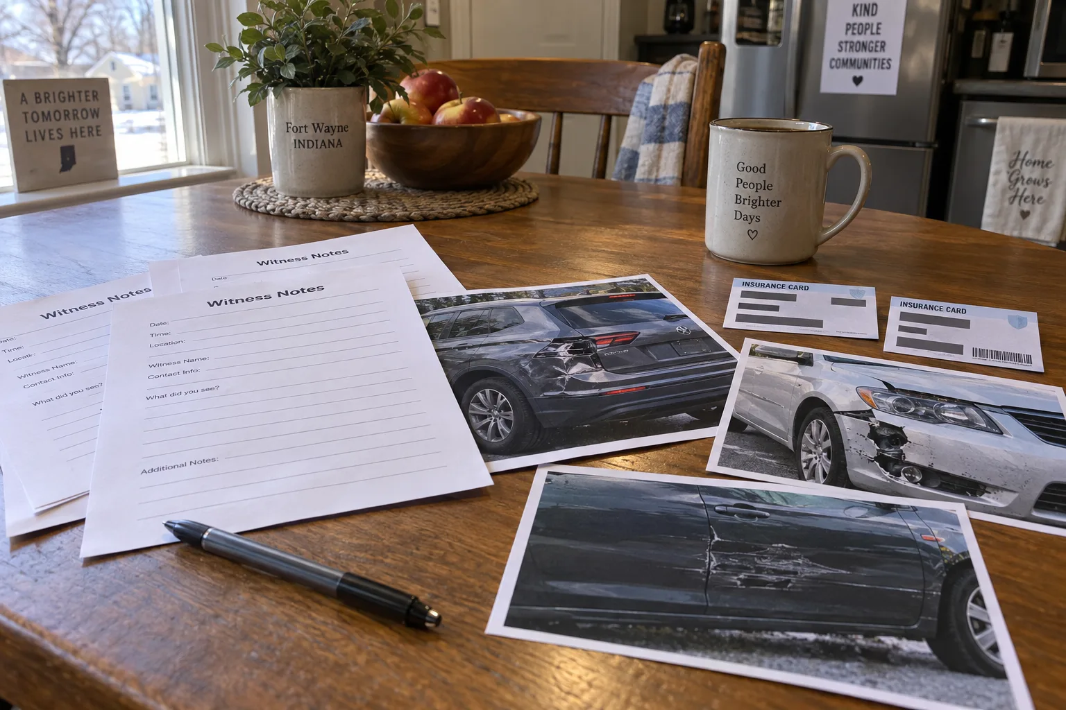 Accident photographs, insurance information, and witness notes organized on a table.