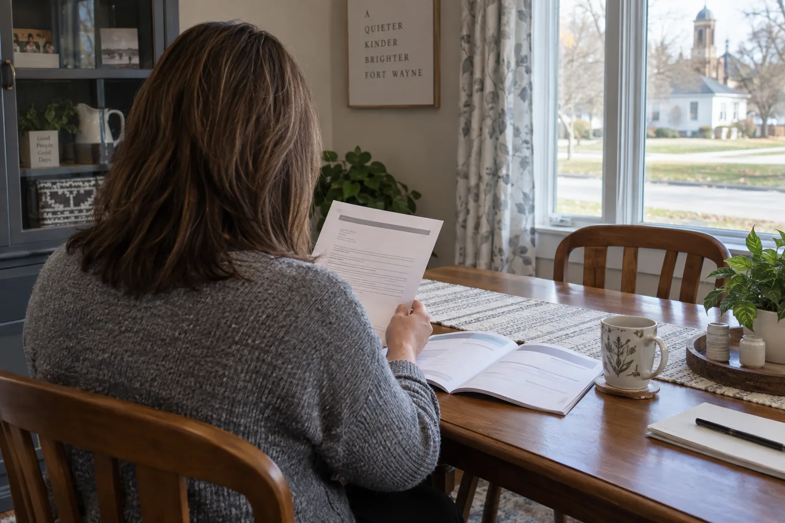 Indiana policyholder reviewing an insurance letter alongside an auto policy booklet.