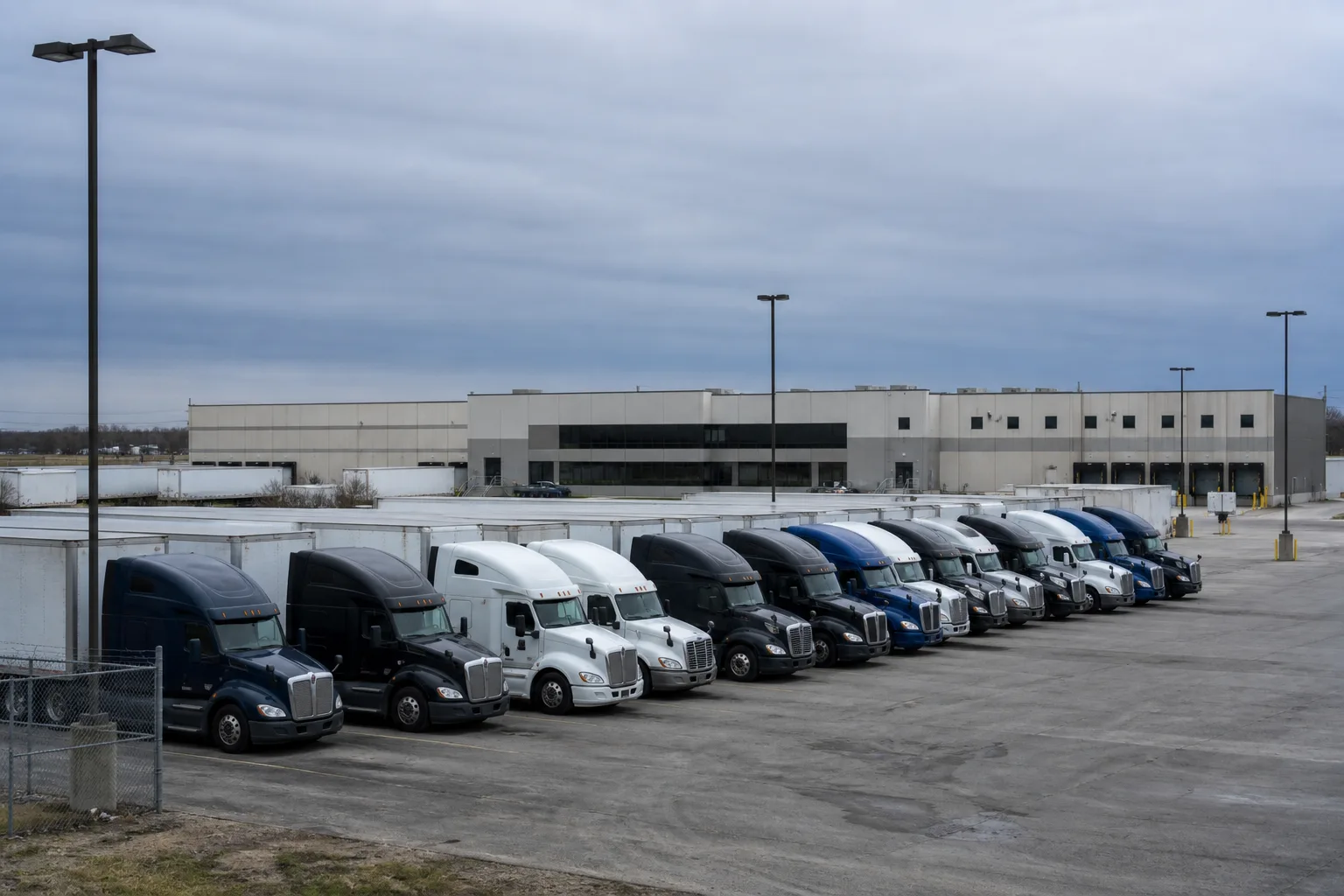 A trucking company yard with rows of parked tractor-trailers