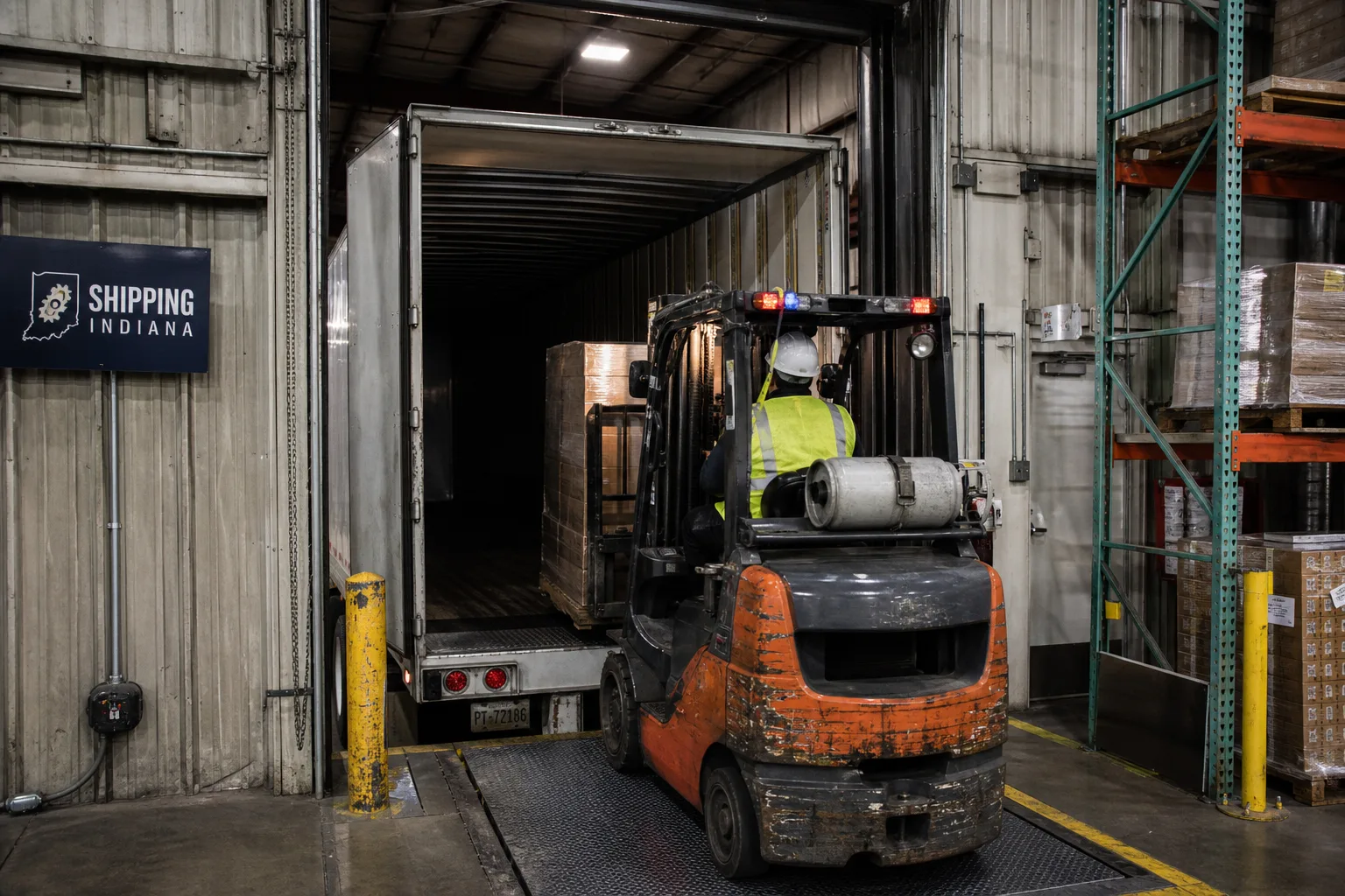 Freight being loaded onto a semi-trailer at an Indiana warehouse dock
