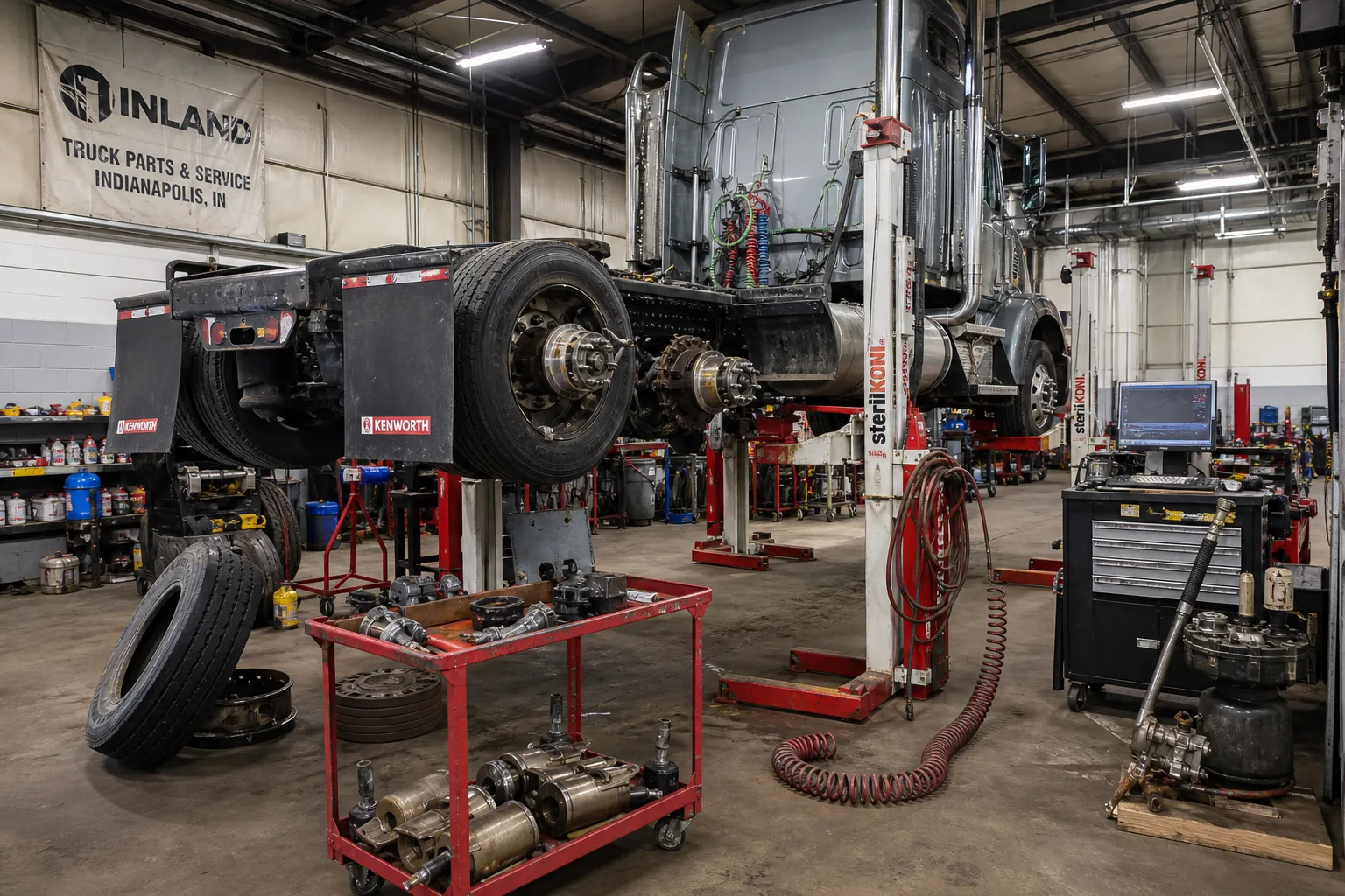 A semi-truck raised on a lift in a commercial truck maintenance bay