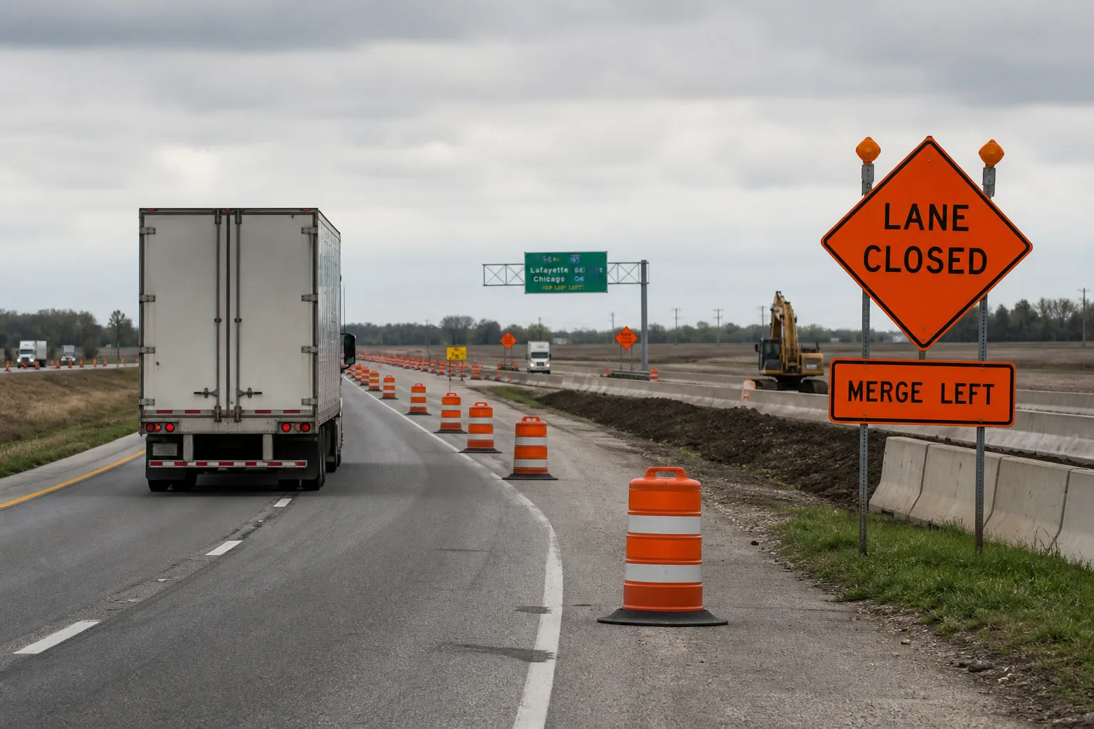 A semi-truck passing through an Indiana highway construction work zone