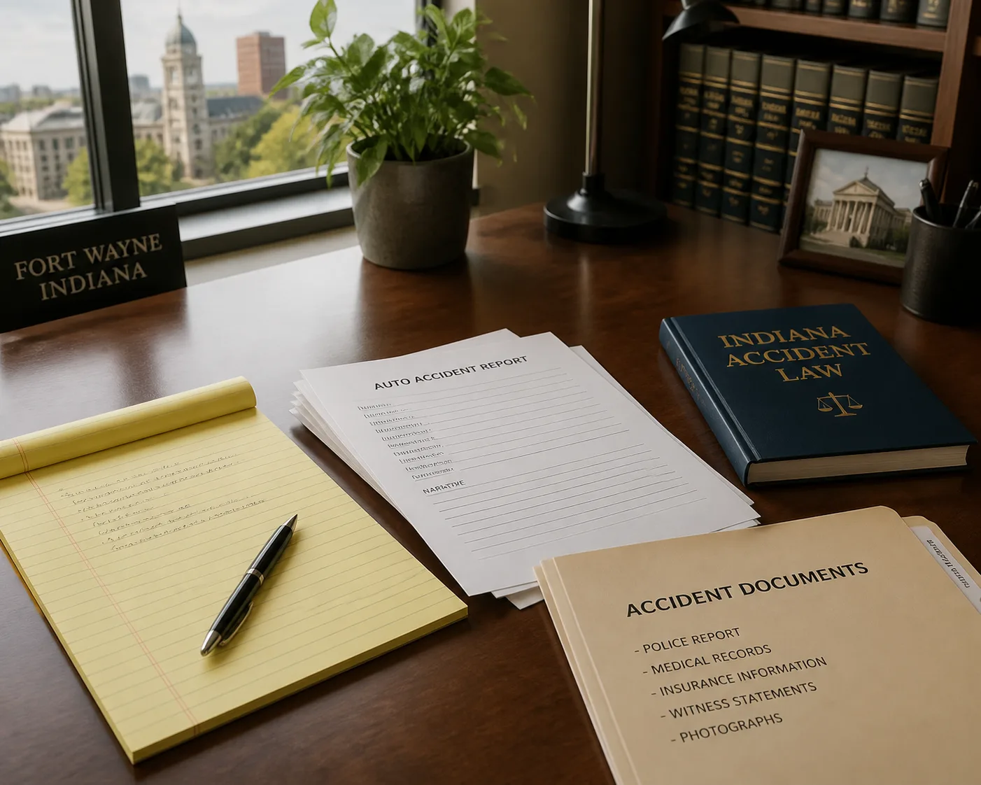 A Fort Wayne law office desk with accident documents and a legal notepad