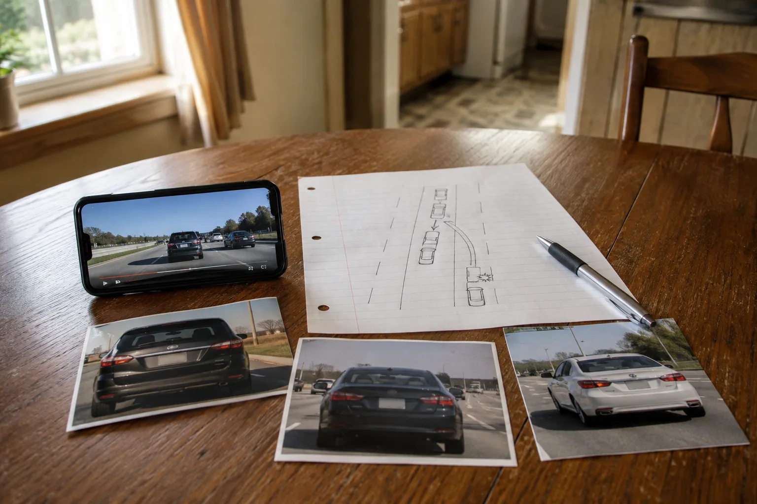 Dashcam file, roadway sketch, and vehicle photographs organized as crash evidence