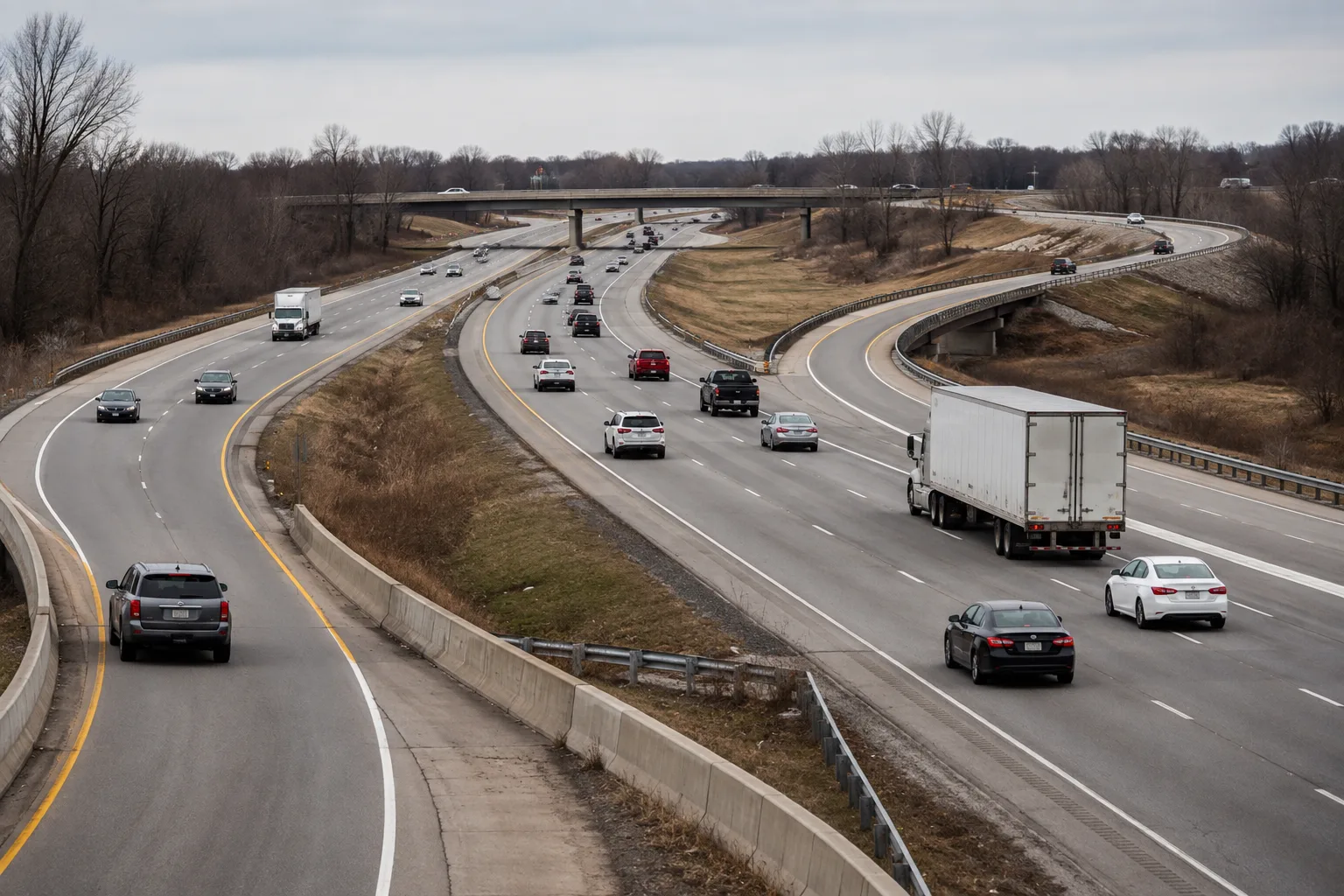 Traffic moving through separate lanes at a Fort Wayne-area interchange