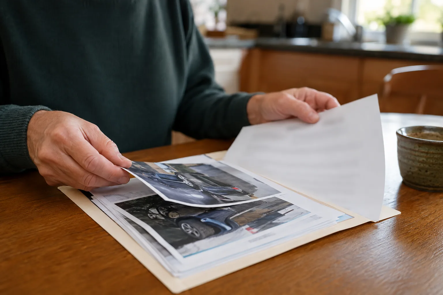 Person organizing crash photographs and insurance records in a folder