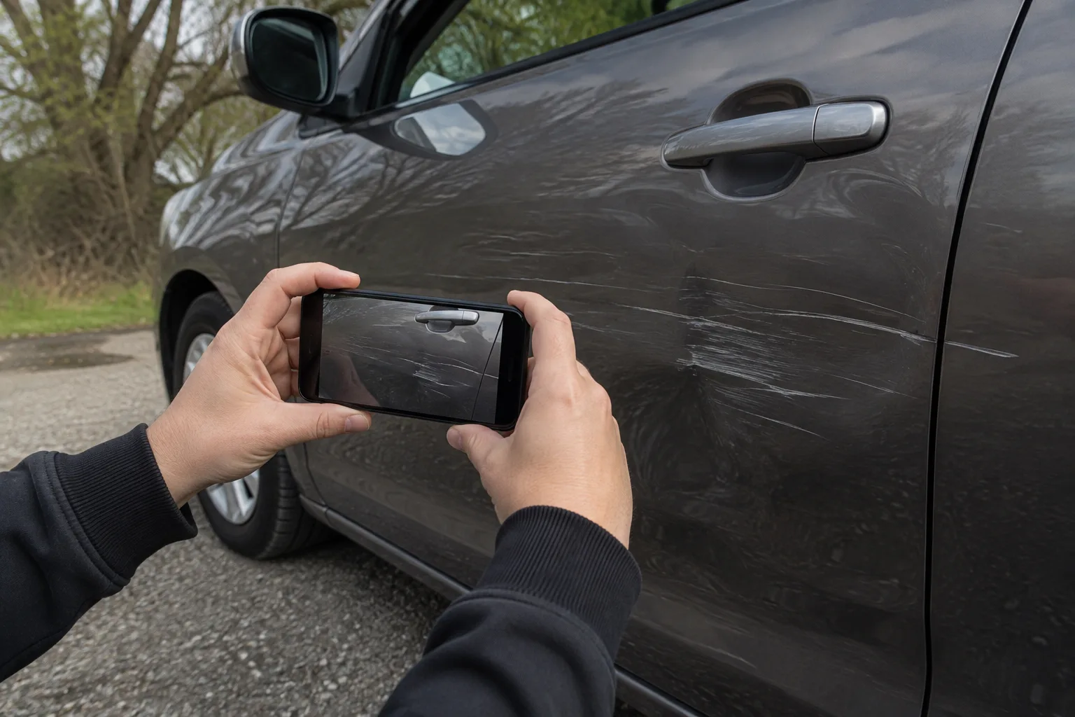 Person documenting the side of a vehicle after an intersection collision