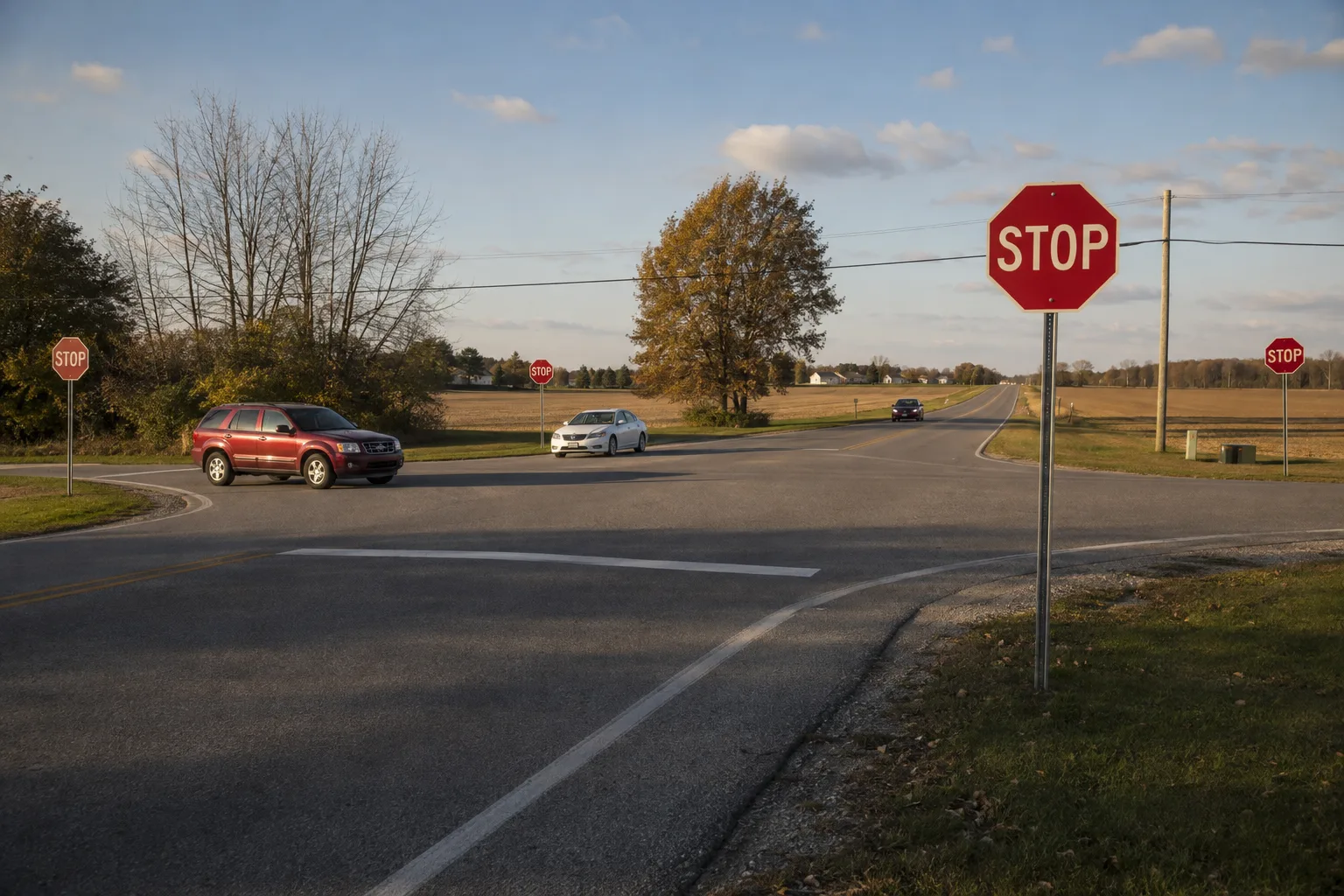 Four-way stop and clear sight lines at a northeast Indiana intersection
