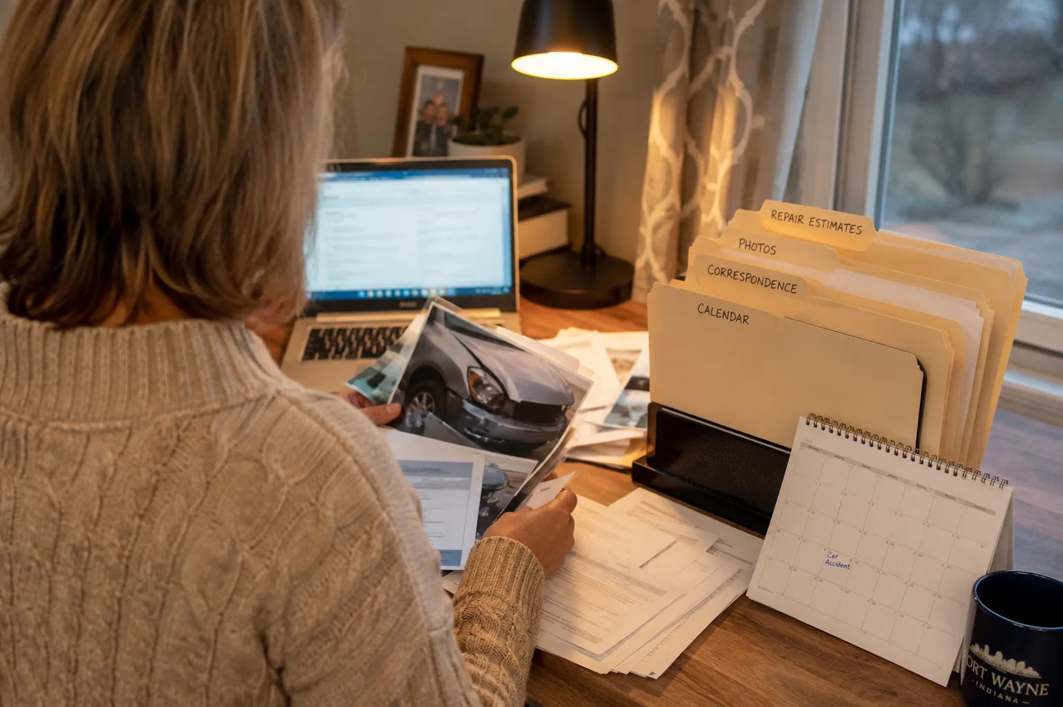 Indiana driver organizing documents after an intersection crash