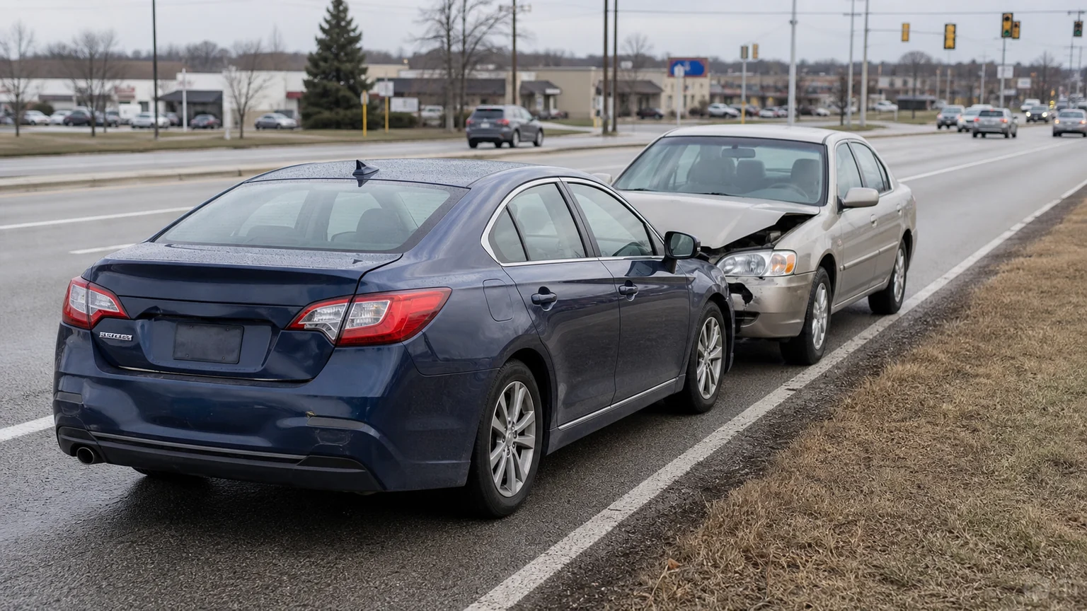 Rear-end collision scene on an Indiana road with vehicles stopped safely after impact.