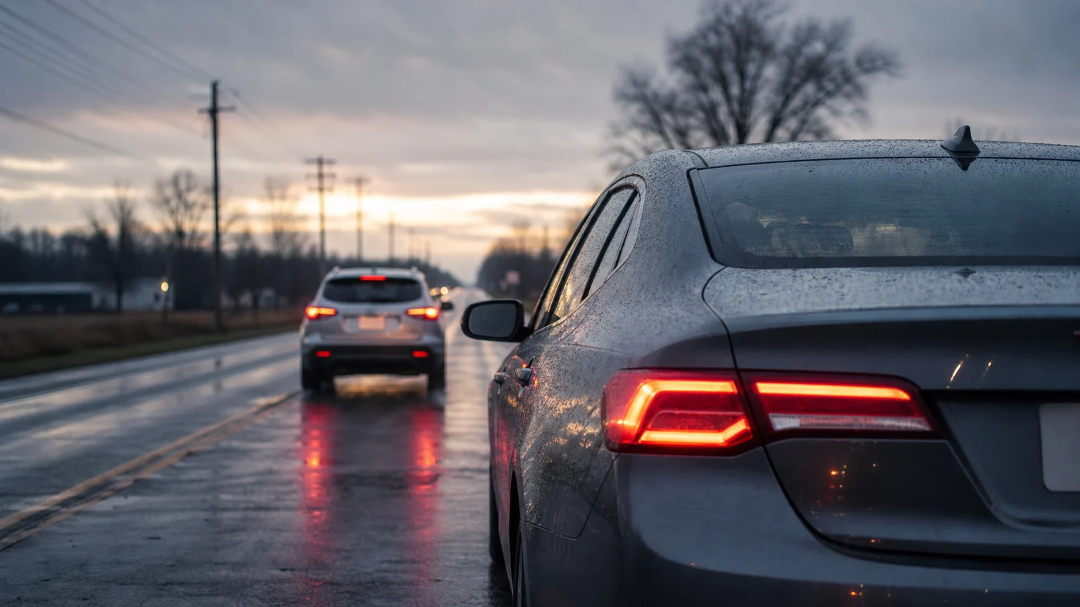 Diagram showing brake lights, following distance, and sudden lane movement before a rear-end crash.