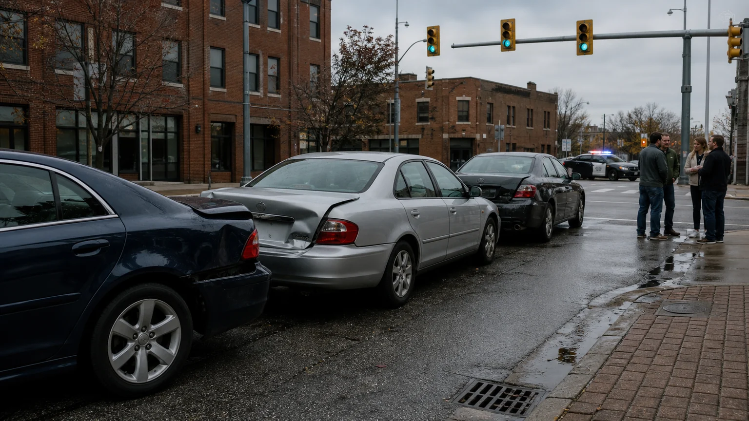 Three-car chain reaction rear-end crash timeline with first, second, and third impacts labeled.