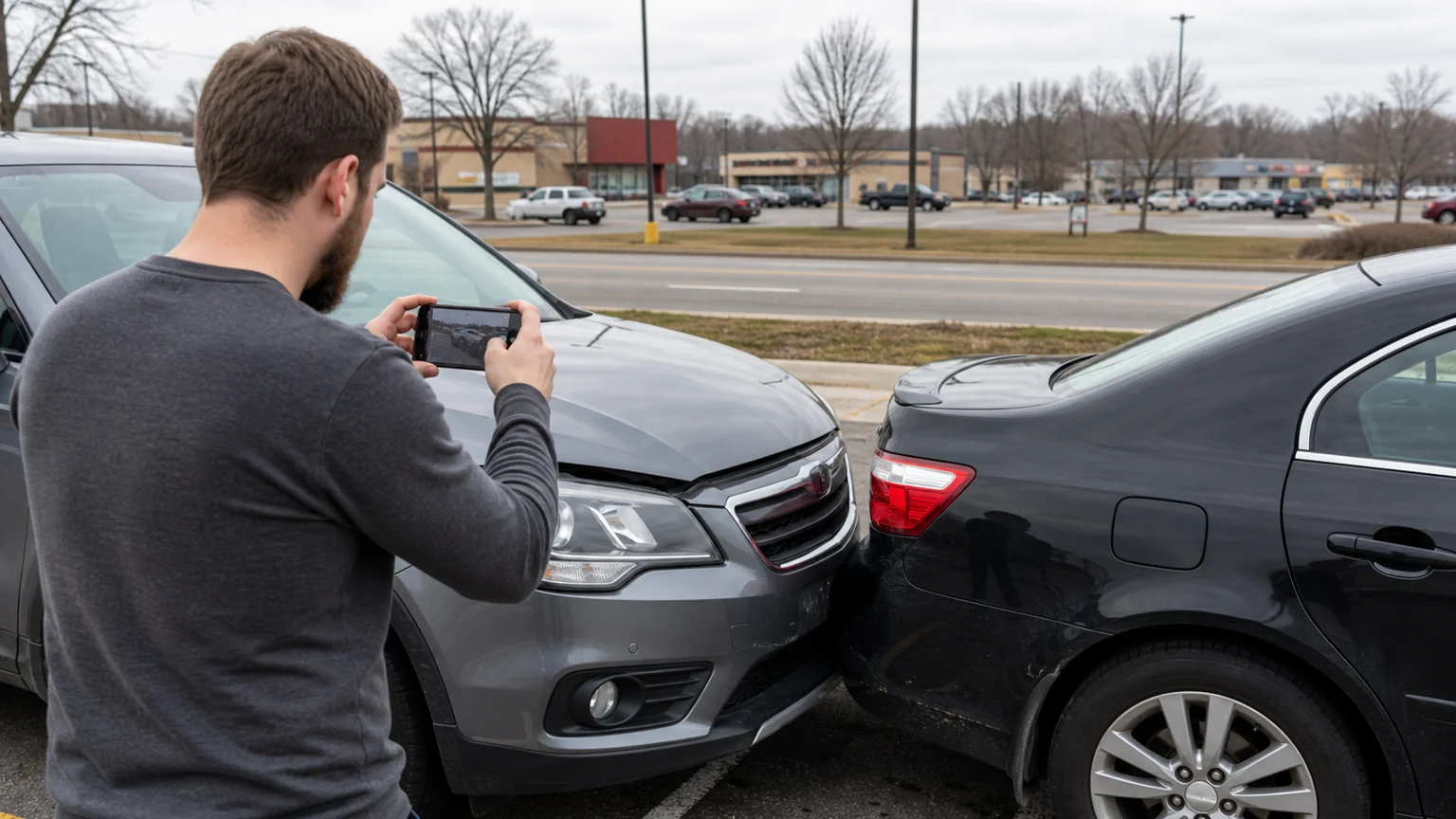 Checklist of rear-end accident evidence including photos, witness names, dashcam video, and medical records.