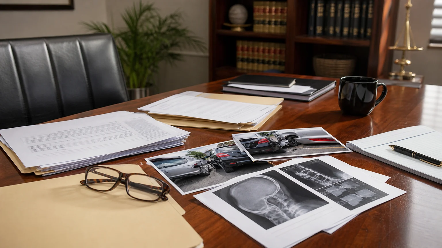 Fort Wayne car accident consultation file with rear-end crash photos and medical records organized.