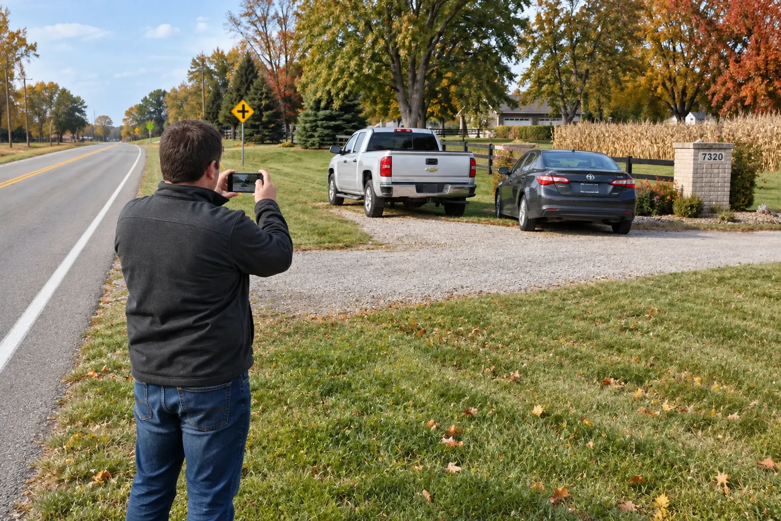 Person documenting a driveway and roadway after an Indiana collision