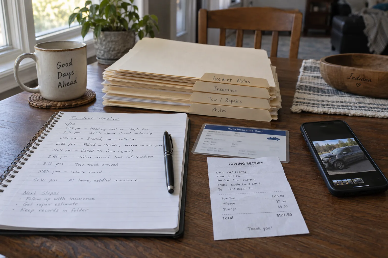 Crash records and insurance documents organized on a table