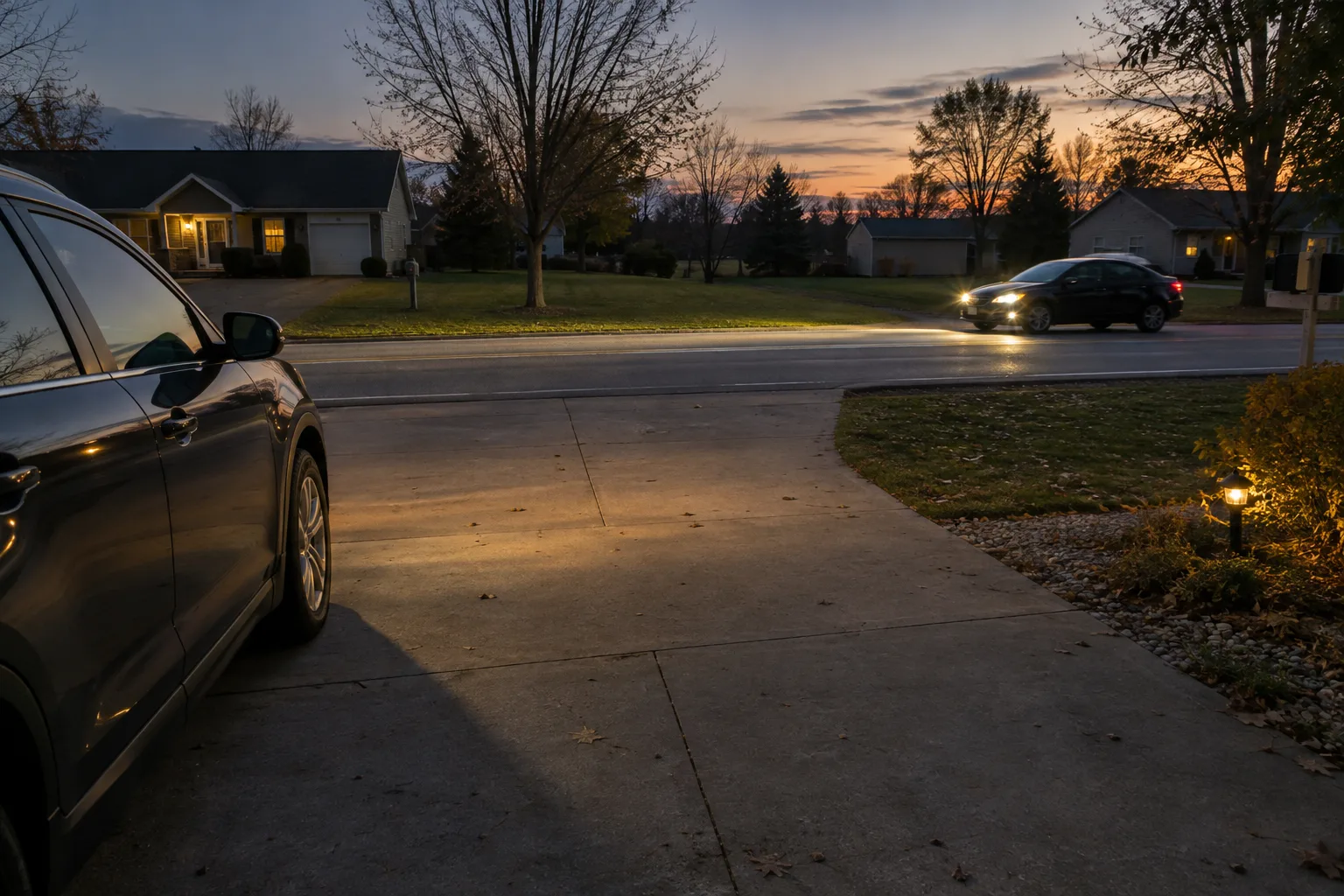 Headlights and visibility at an Indiana residential driveway at dusk