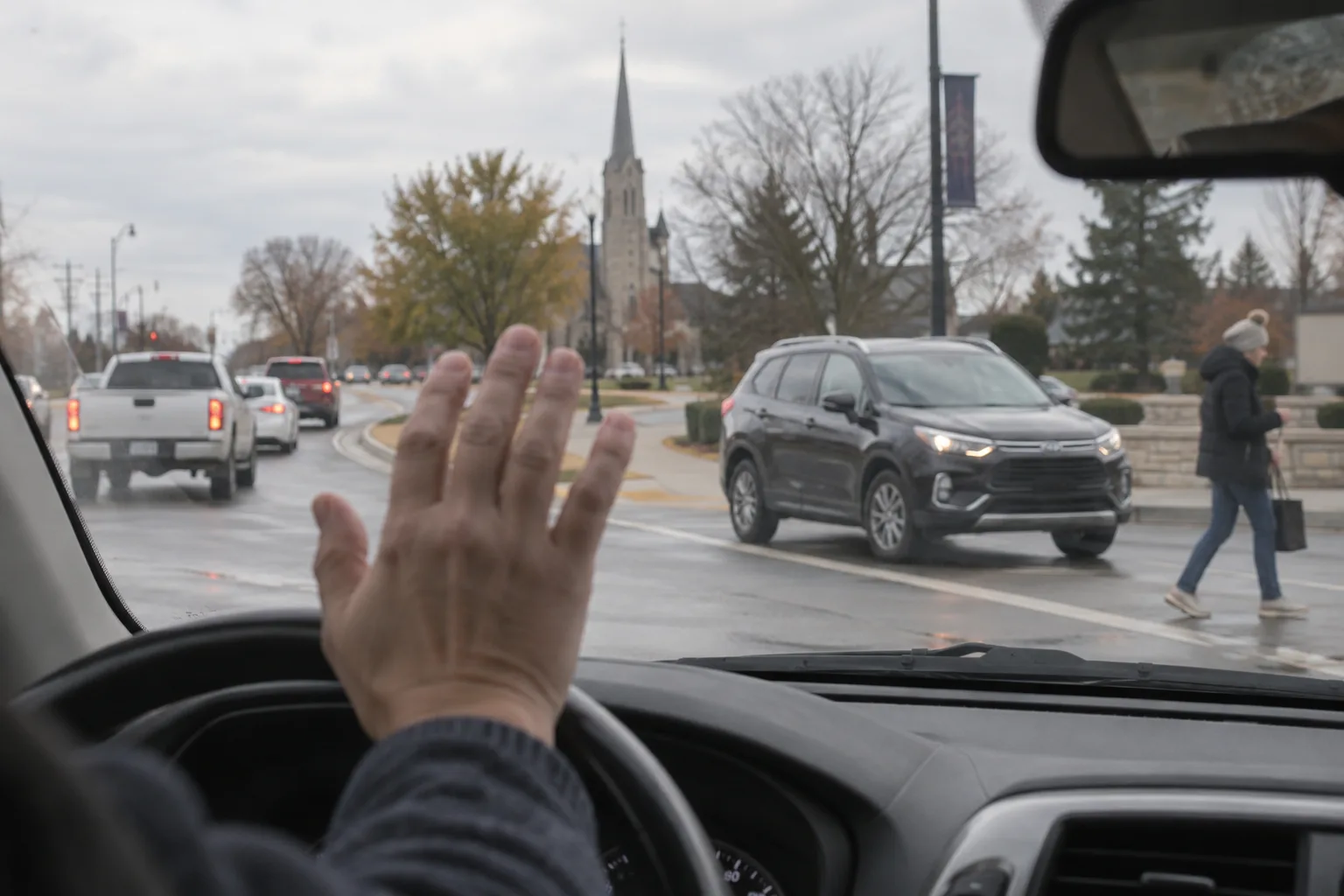 Motorist making a courtesy wave while yielding in traffic