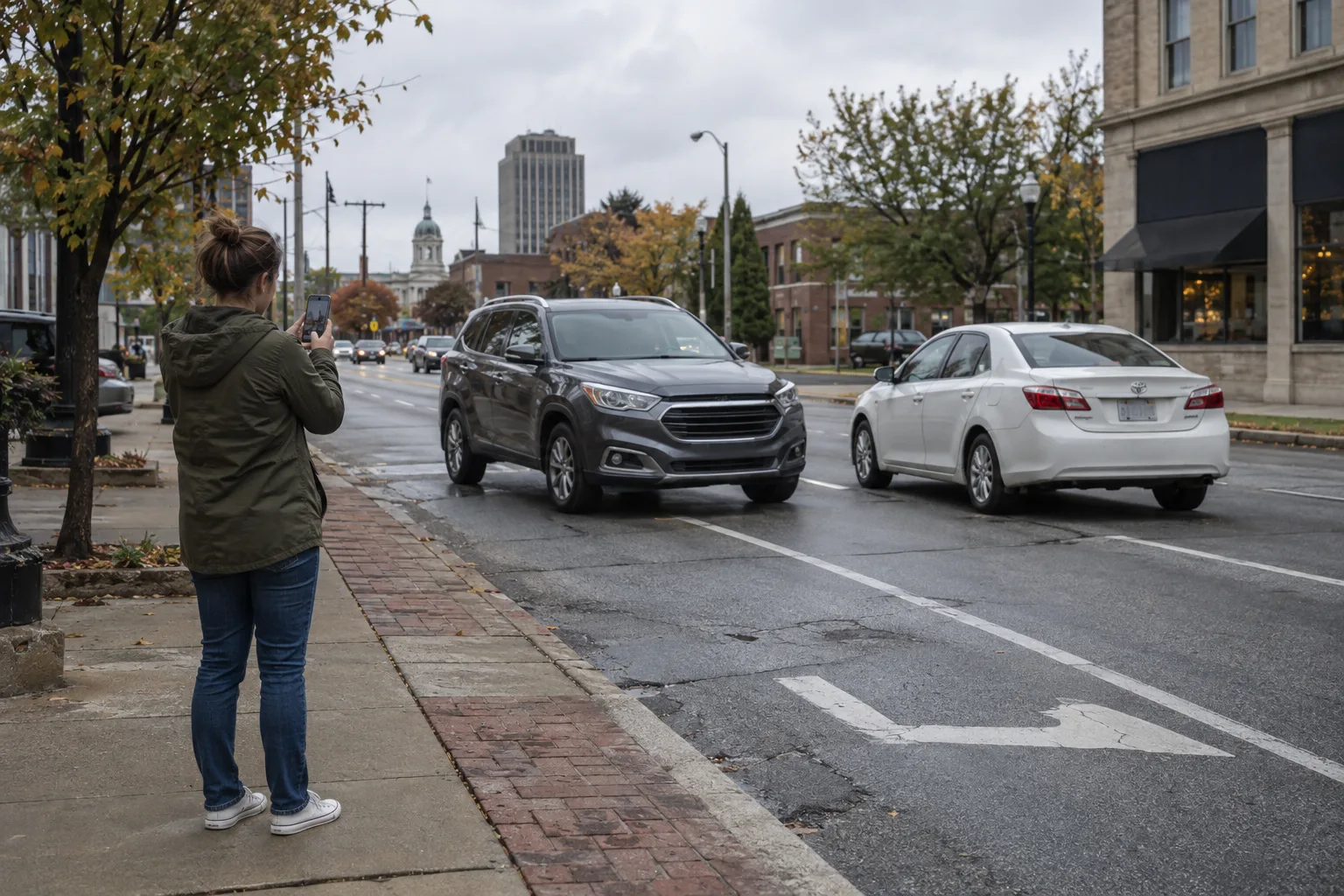 Driver documenting lane markings and vehicle positions from a safe location