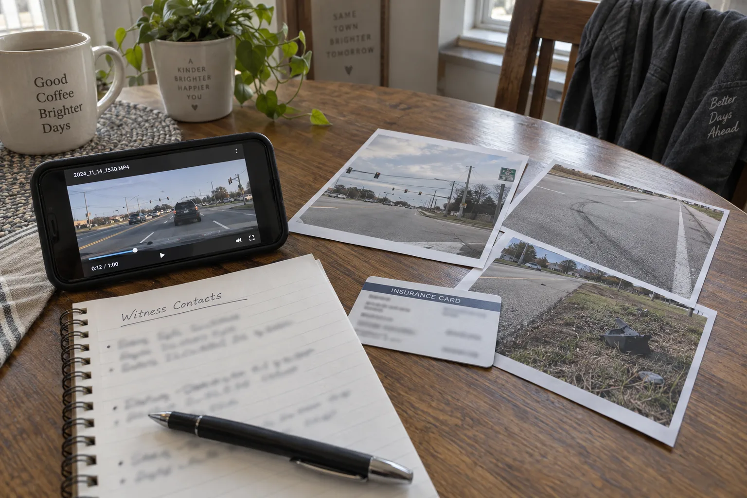 Dashcam file, witness notes, insurance card, and roadway photos organized after a crash