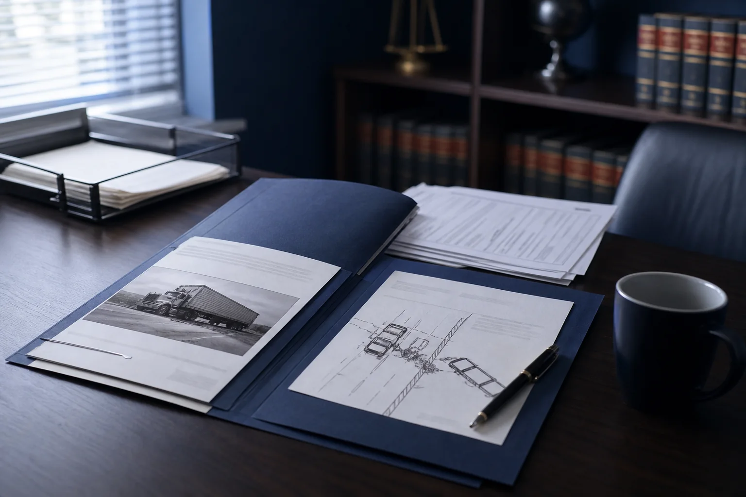 Truck accident investigation file and insurance documents on an attorney desk